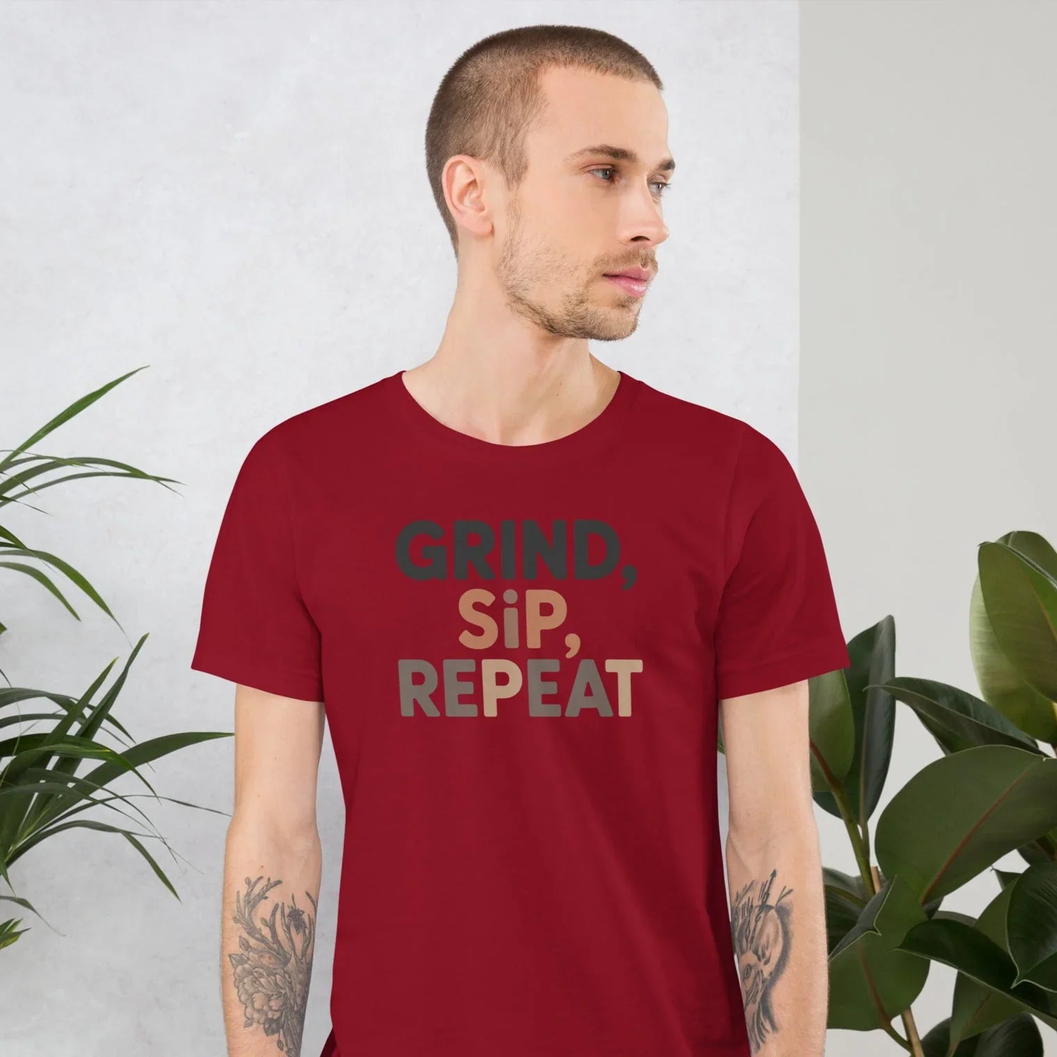 Grind Sip Repeat T-Shirt – Modern Coffee Routine Graphic - RaZits