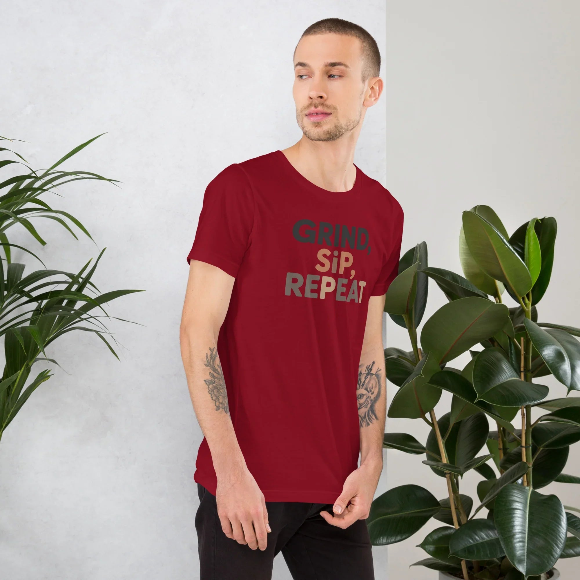 Grind Sip Repeat T-Shirt – Modern Coffee Routine Graphic - RaZits