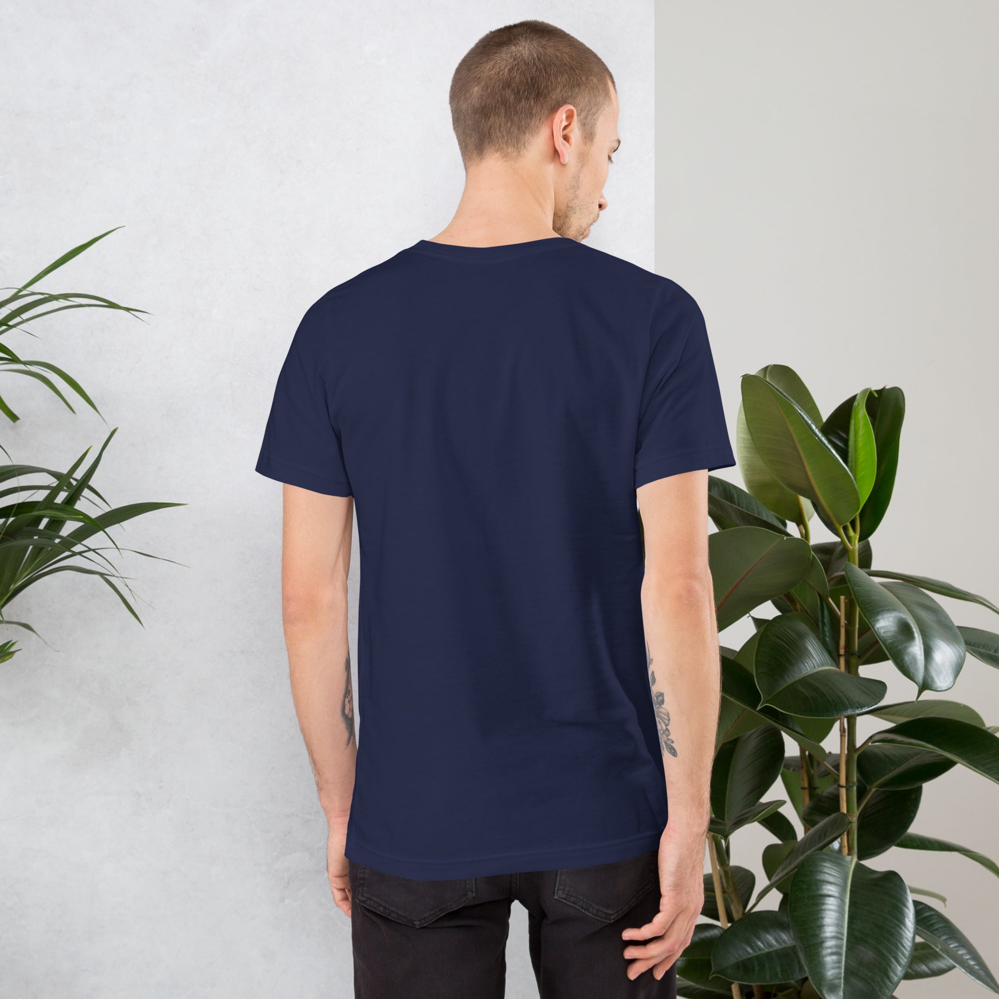 Back view mockup of the husband joke tee in Navy