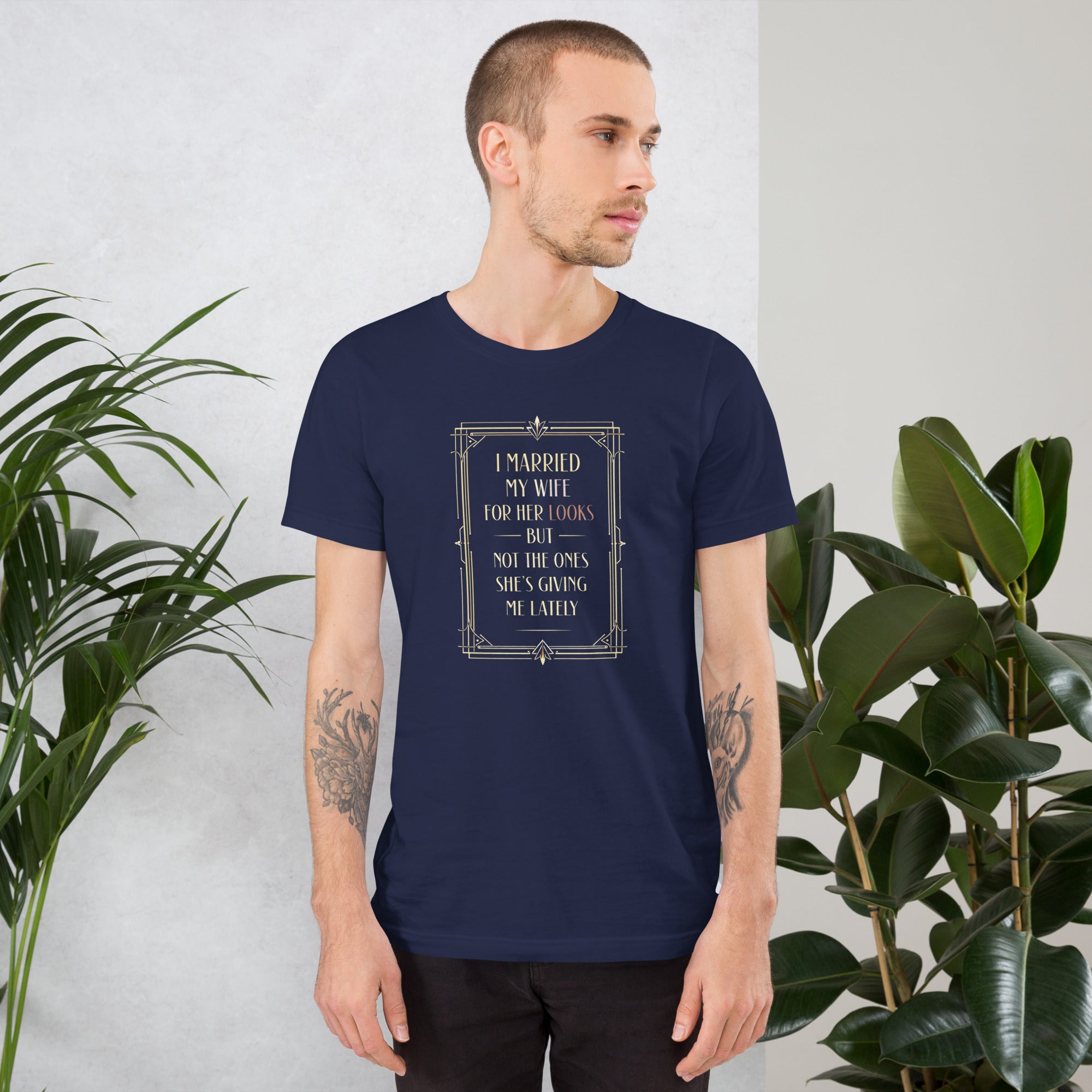 Funny marriage shirt in Navy, front view mockup