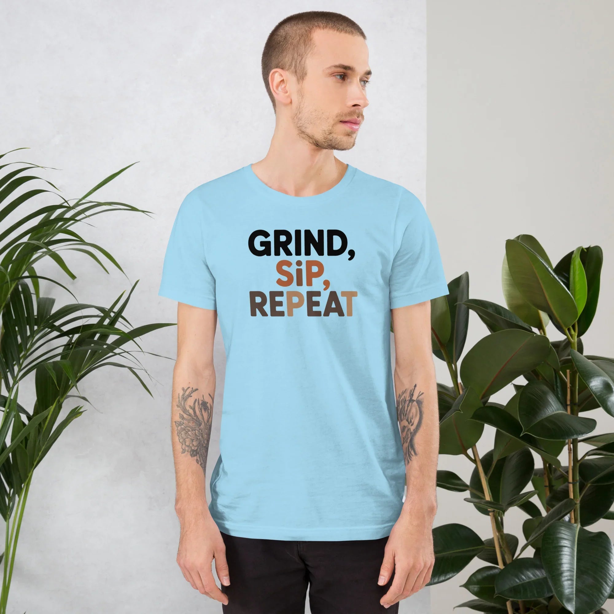 Grind Sip Repeat T-Shirt – Modern Coffee Routine Graphic - RaZits