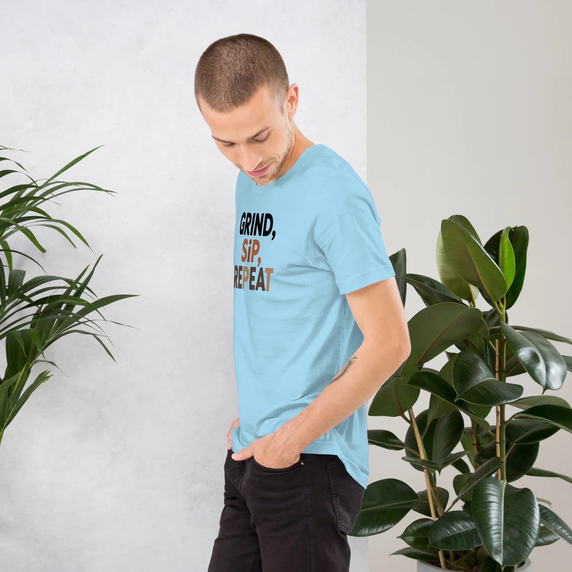 Grind Sip Repeat T-Shirt – Modern Coffee Routine Graphic - RaZits