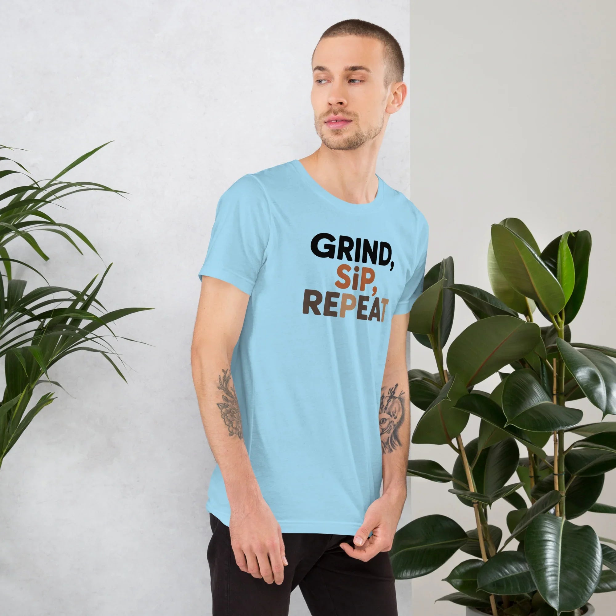 Grind Sip Repeat T-Shirt – Modern Coffee Routine Graphic - RaZits