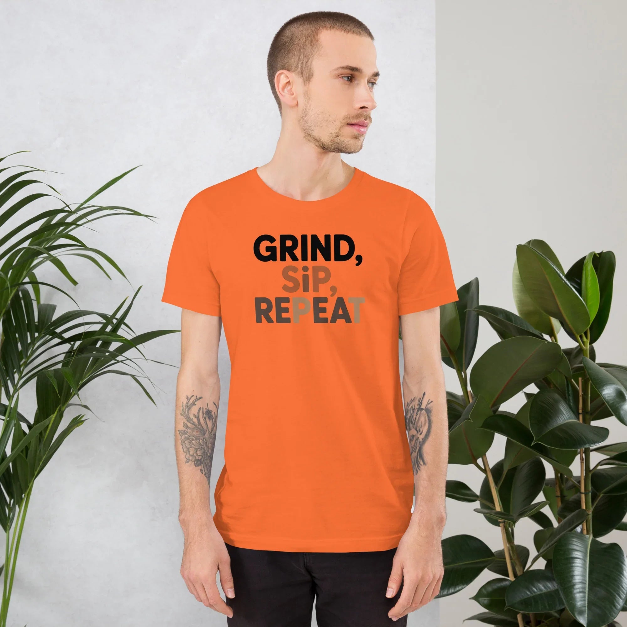 Grind Sip Repeat T-Shirt – Modern Coffee Routine Graphic - RaZits