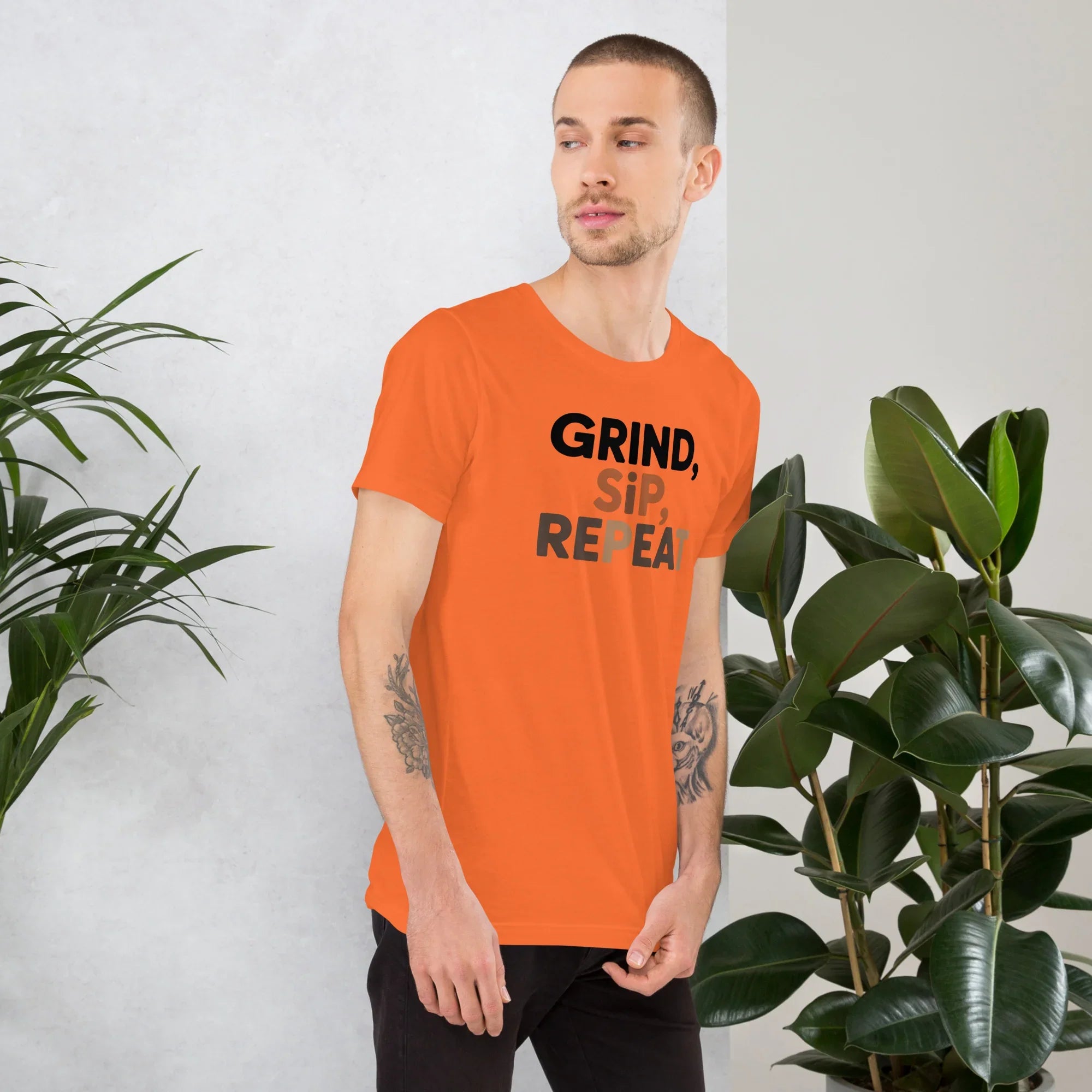Grind Sip Repeat T-Shirt – Modern Coffee Routine Graphic - RaZits
