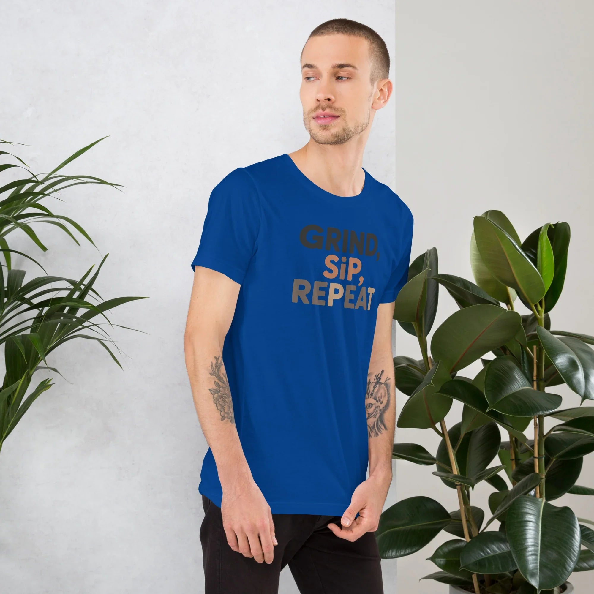 Grind Sip Repeat T-Shirt – Modern Coffee Routine Graphic - RaZits