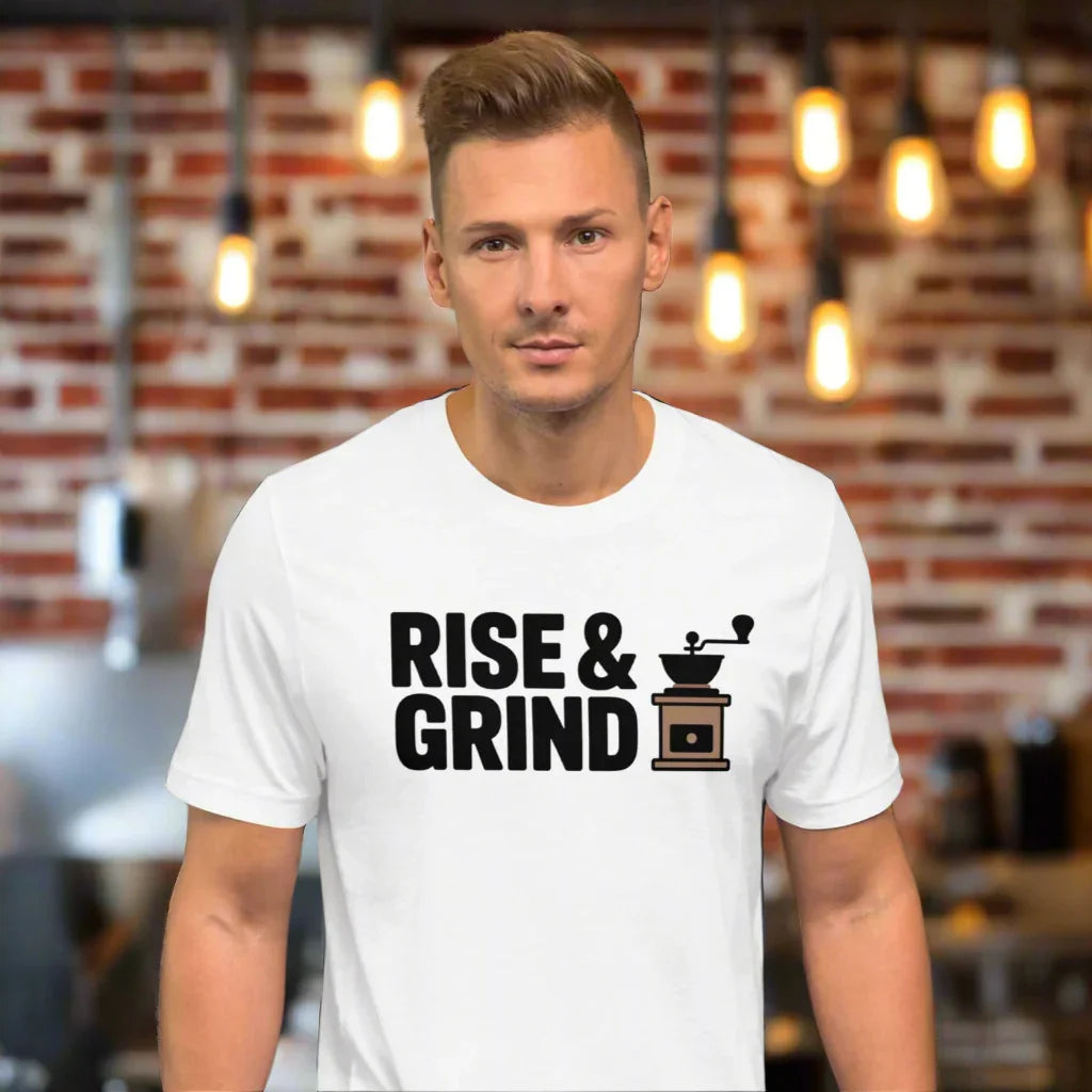 Rise & Grind T-Shirt – Classic Coffee Grinder Graphic - RaZits