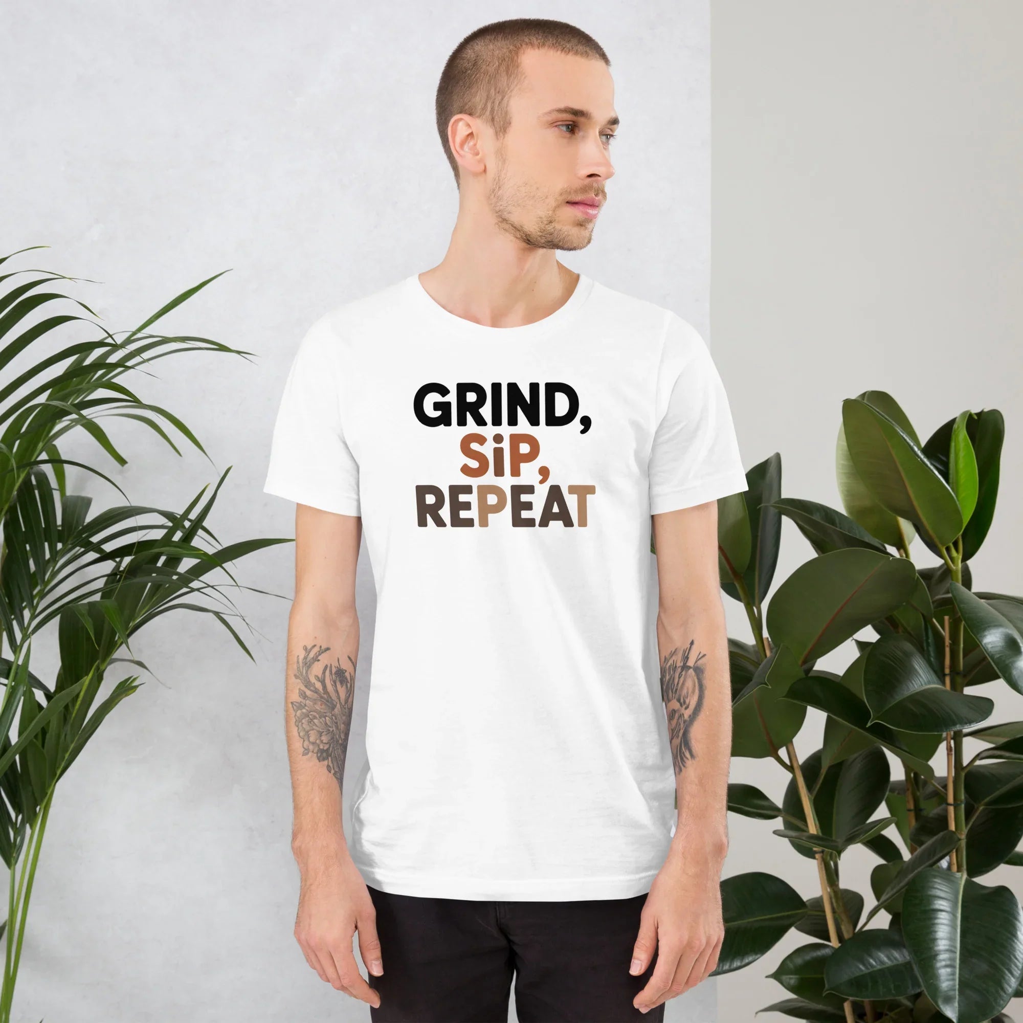 Grind Sip Repeat T-Shirt – Modern Coffee Routine Graphic - RaZits