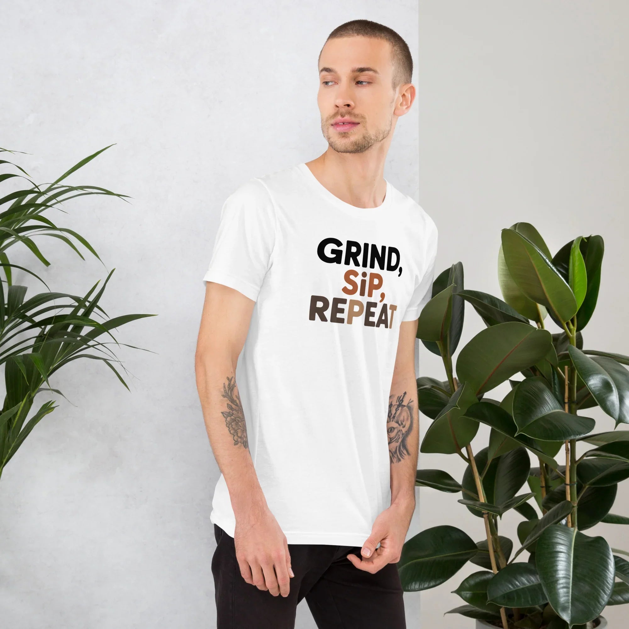 Grind Sip Repeat T-Shirt – Modern Coffee Routine Graphic - RaZits
