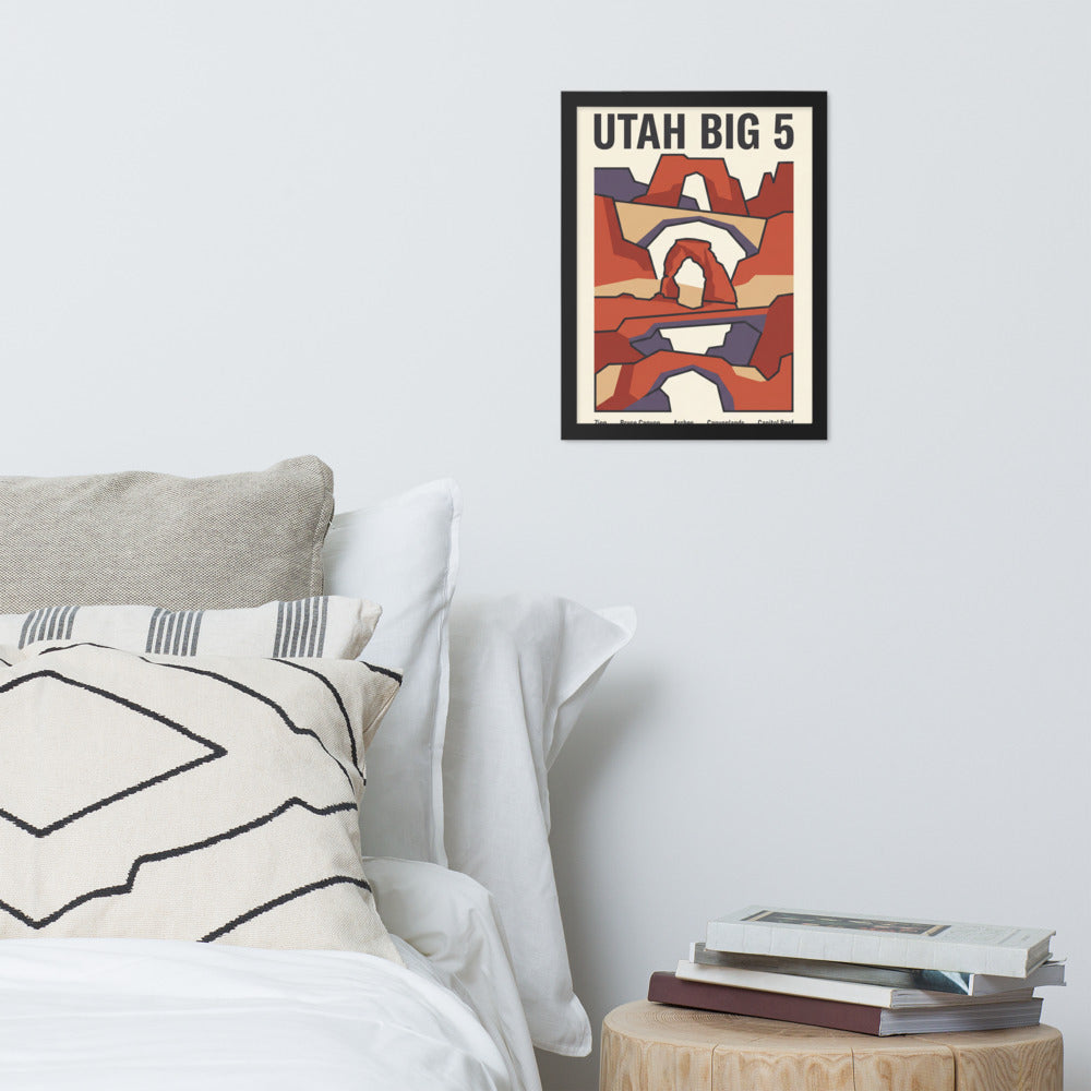 Utah Big 5 national parks framed wall art above a bed, 12x16 inch black frame