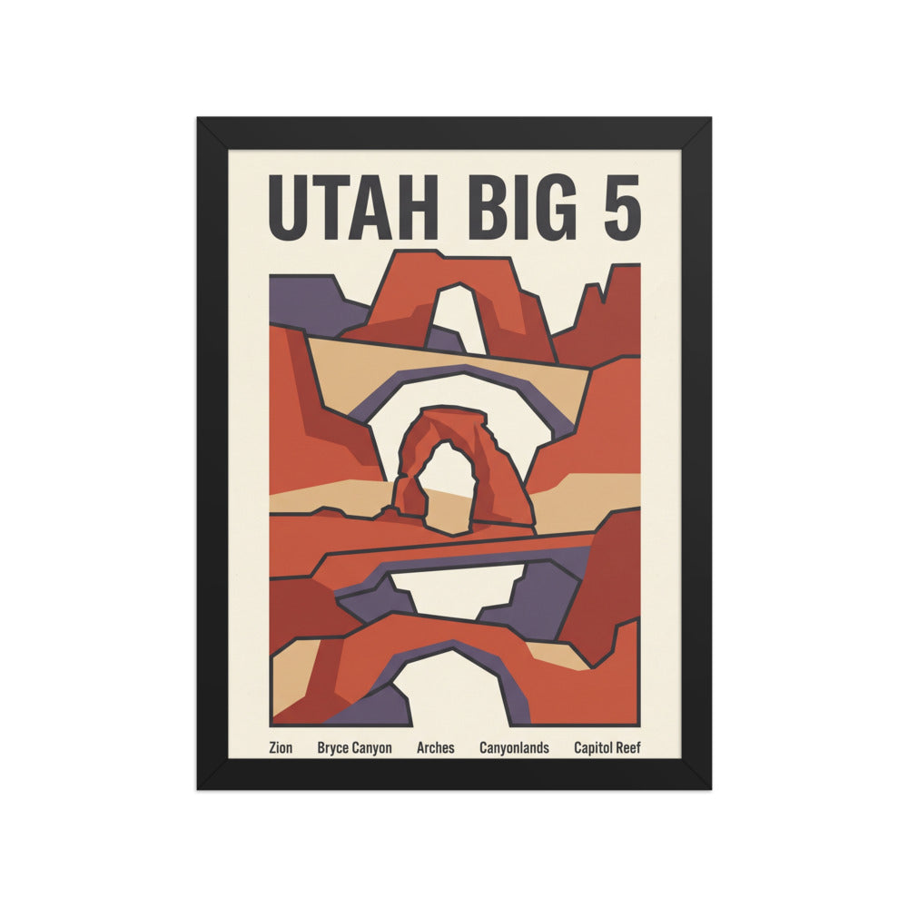 Utah national parks framed print, 12x16 inch black frame, showing Zion, Bryce Canyon, Arches, Canyonlands and Capitol Reef