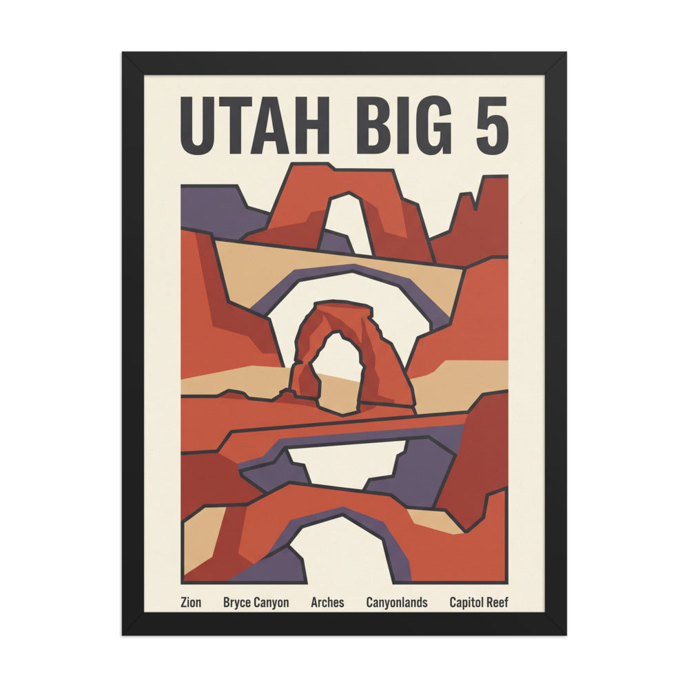 Utah Big 5 vintage national parks framed poster in a black wood frame, 18x24 inch, front view