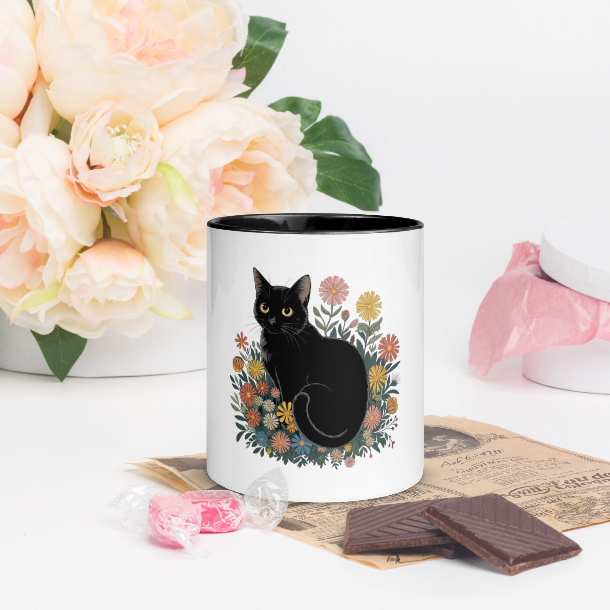 Cat Floral Arrangement Mug – White Ceramic with Color Inside.