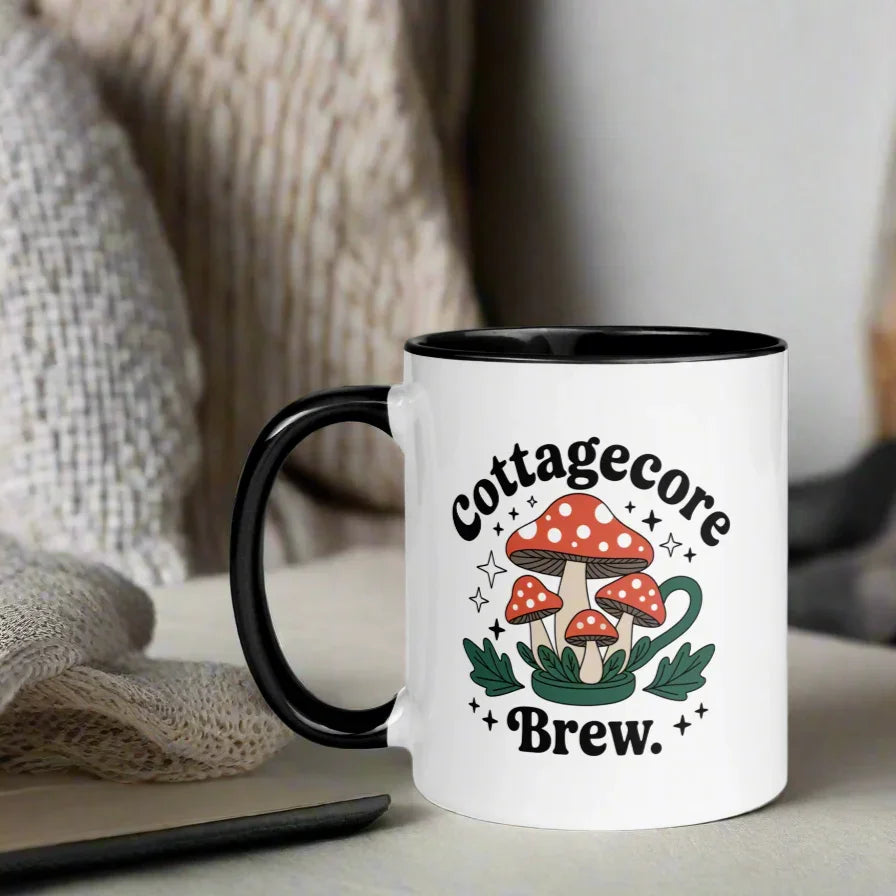 Cottagecore Brew Mug – Mushroom Tea Cup with Colored Rim - RaZits