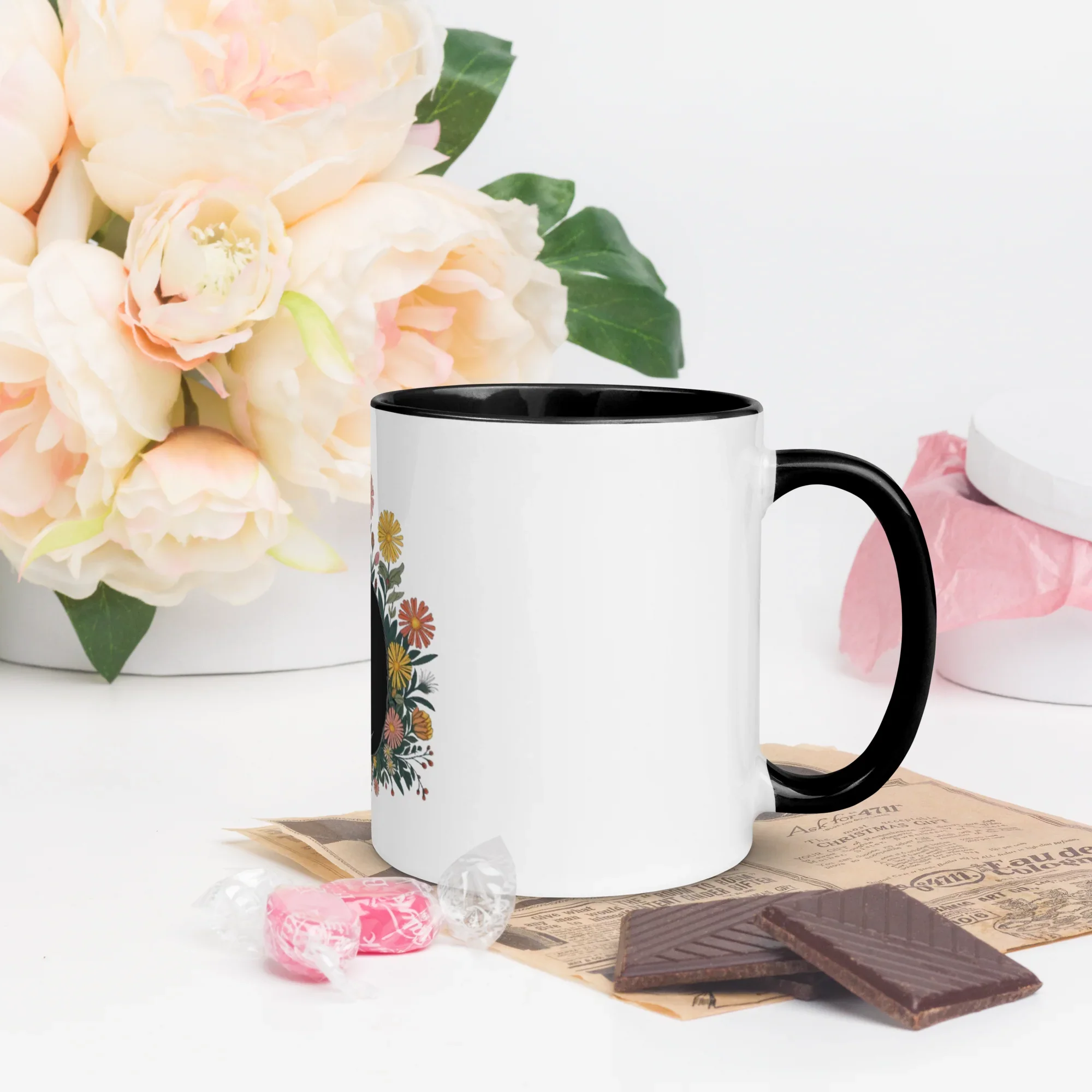 Cat Floral Arrangement Mug – White Ceramic with Color Inside - RaZits