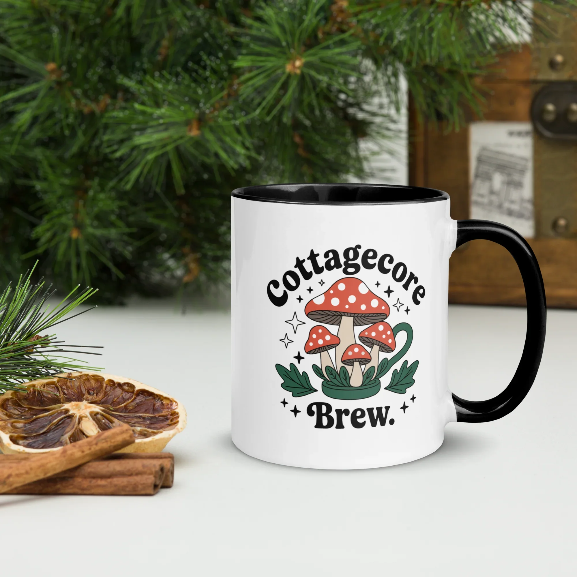 Cottagecore Brew Mug – Mushroom Tea Cup with Colored Rim - RaZits