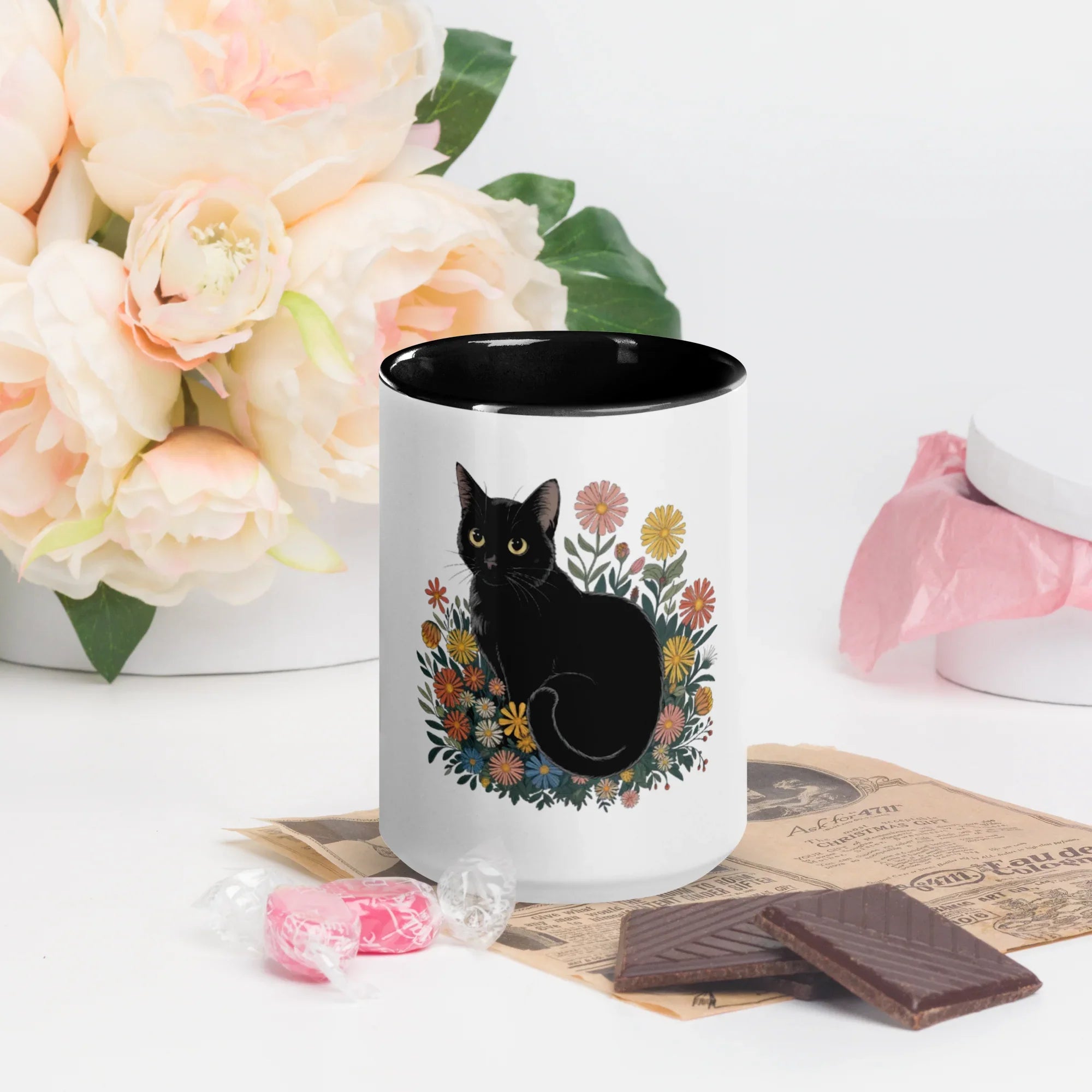 Cat Floral Arrangement Mug – White Ceramic with Color Inside - RaZits