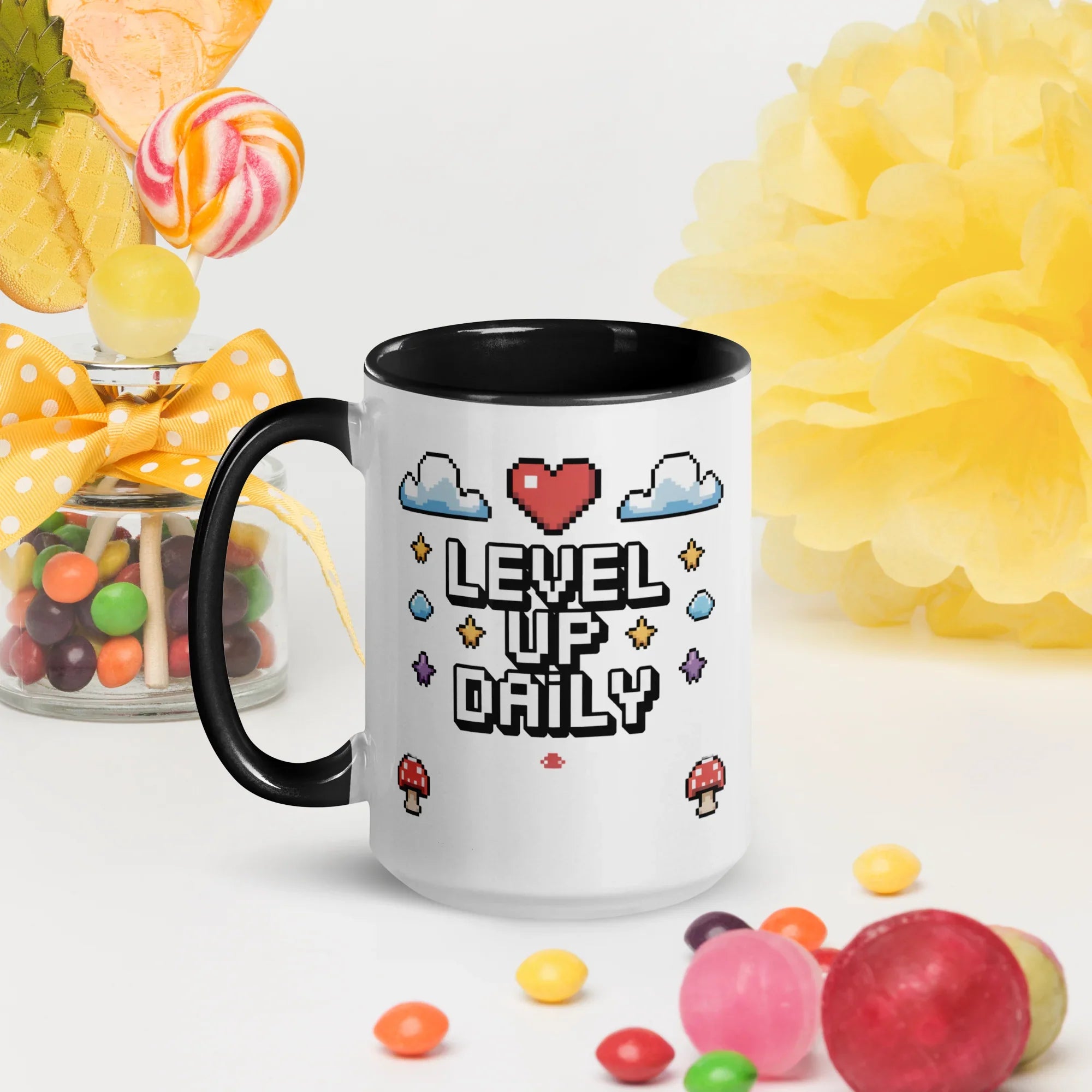 LEVEL UP DAILY Mug | Motivational Pixel Art Gamer Design - RaZits