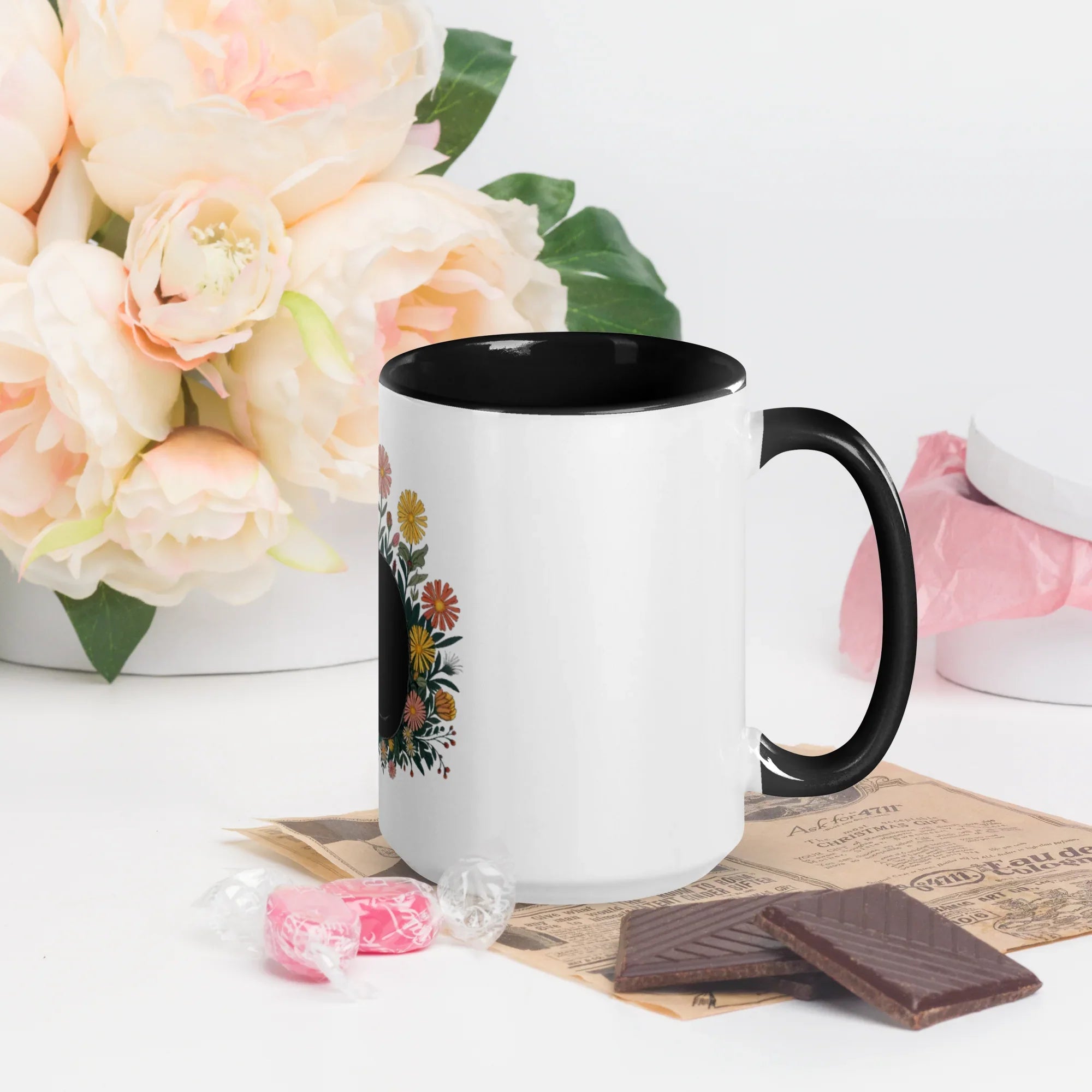 Cat Floral Arrangement Mug – White Ceramic with Color Inside - RaZits