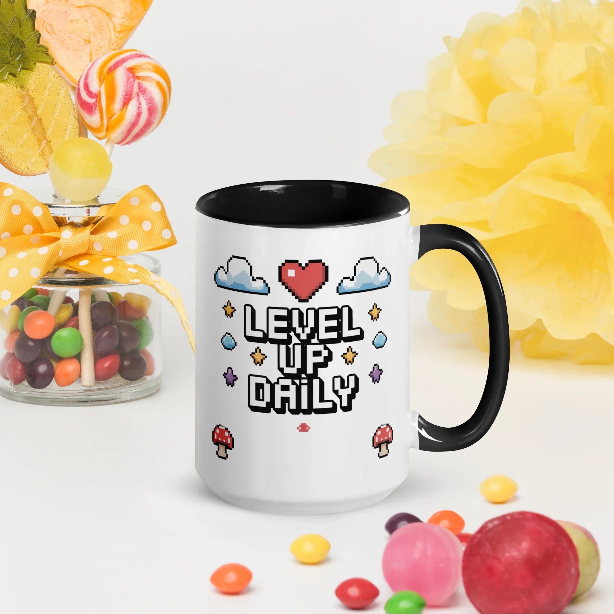 LEVEL UP DAILY Mug | Motivational Pixel Art Gamer Design - RaZits