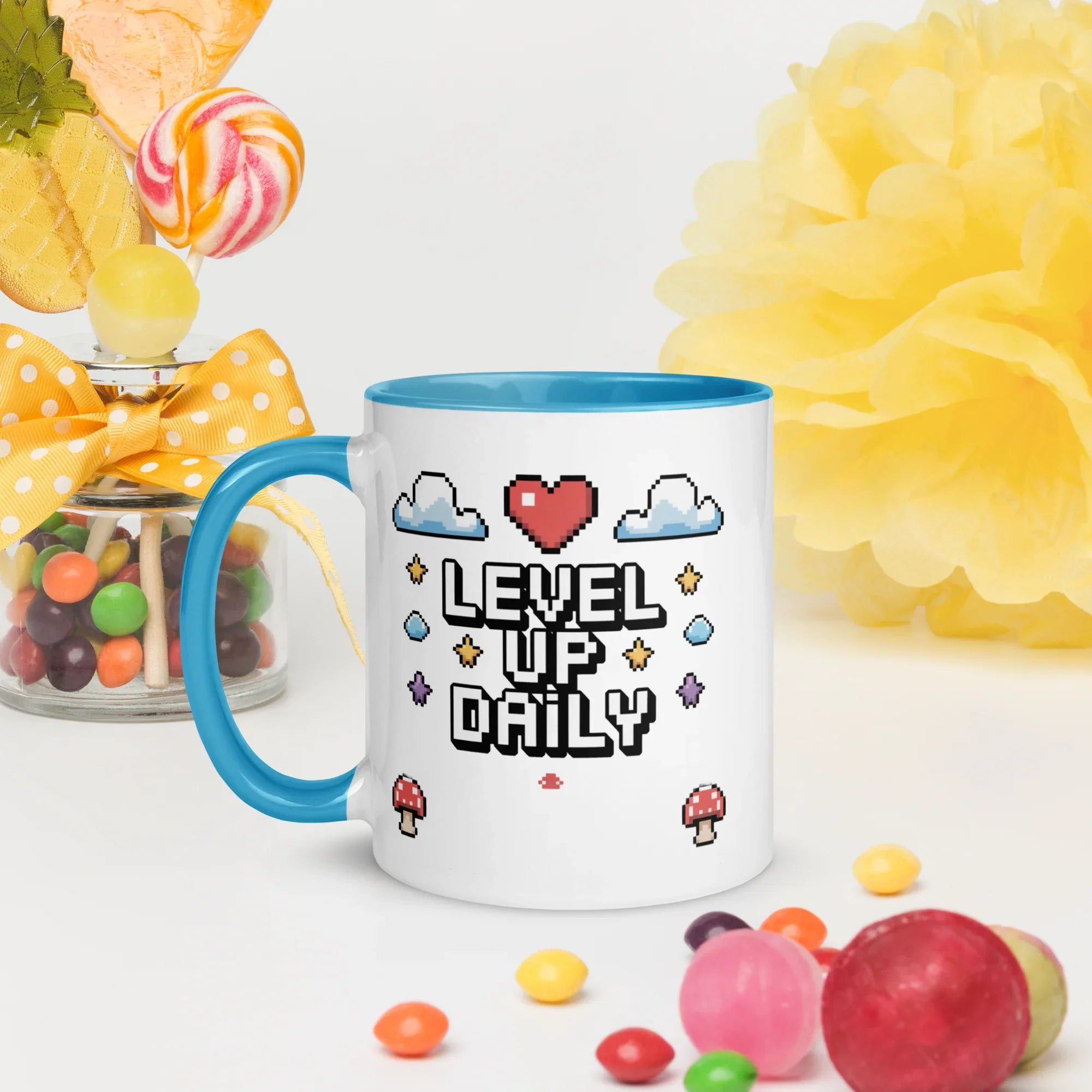 LEVEL UP DAILY Mug | Motivational Pixel Art Gamer Design - RaZits