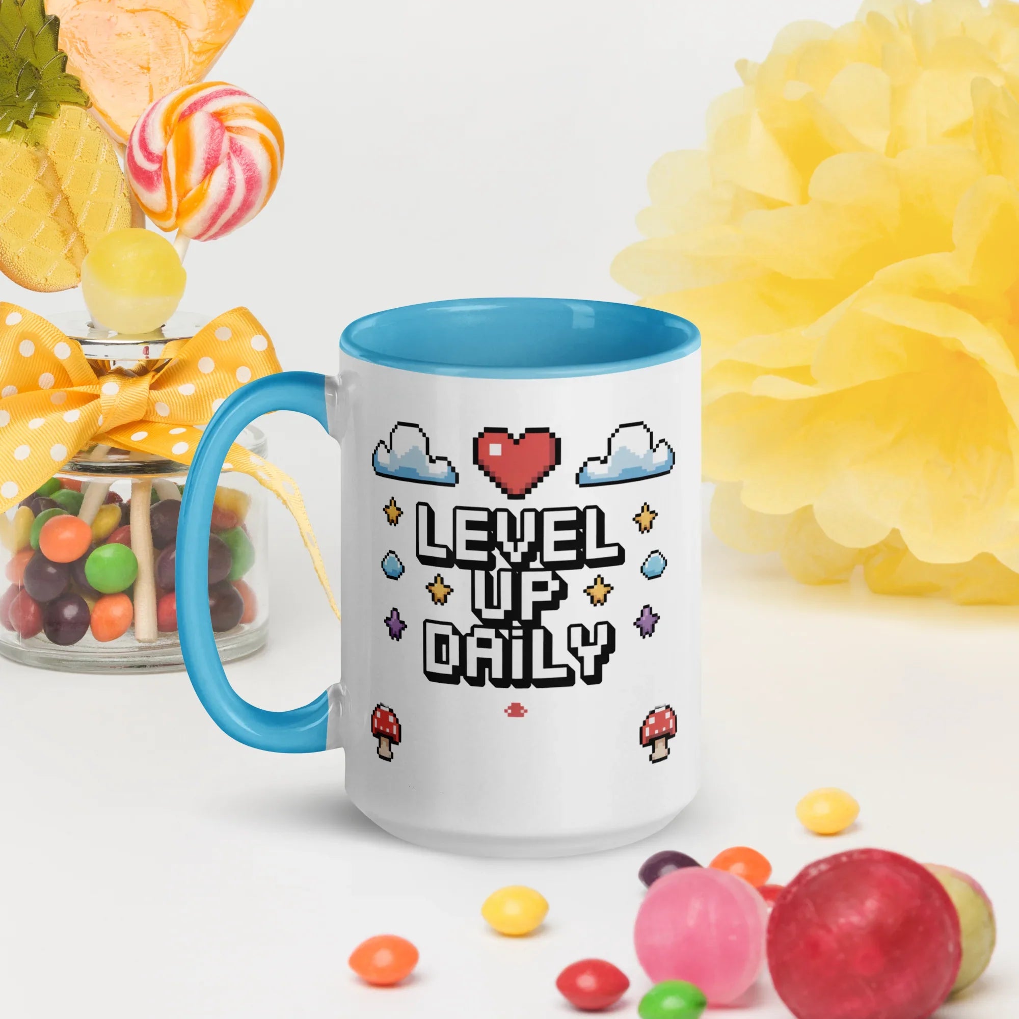 LEVEL UP DAILY Mug | Motivational Pixel Art Gamer Design - RaZits