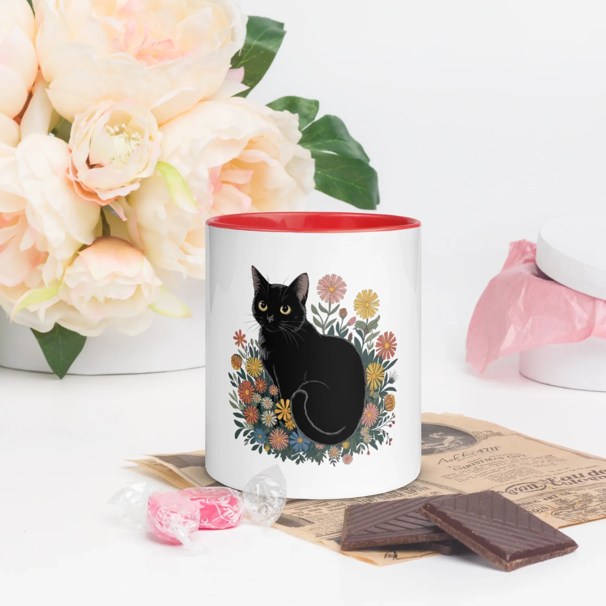 Cat Floral Arrangement Mug – White Ceramic with Color Inside - RaZits