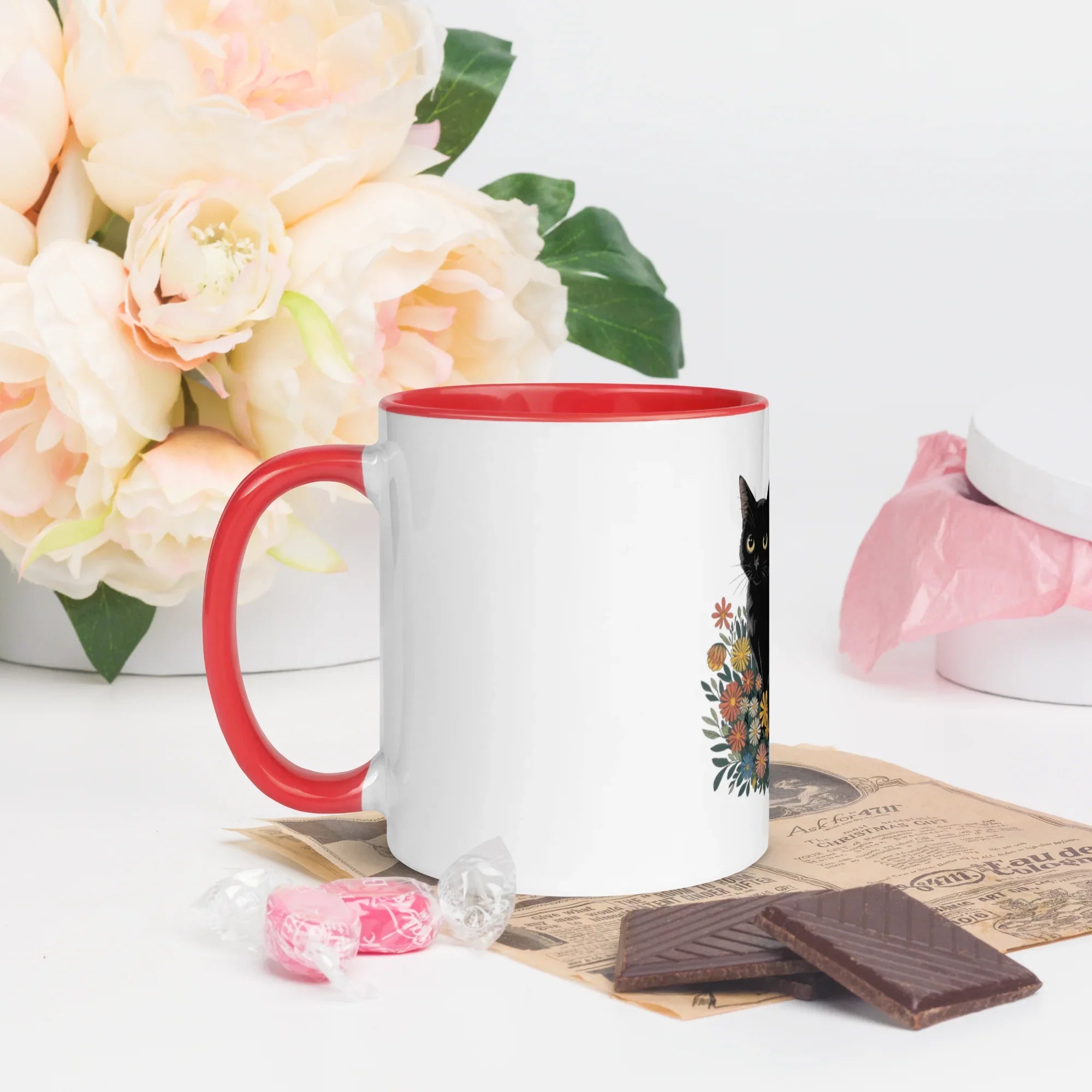 Cat Floral Arrangement Mug – White Ceramic with Color Inside - RaZits