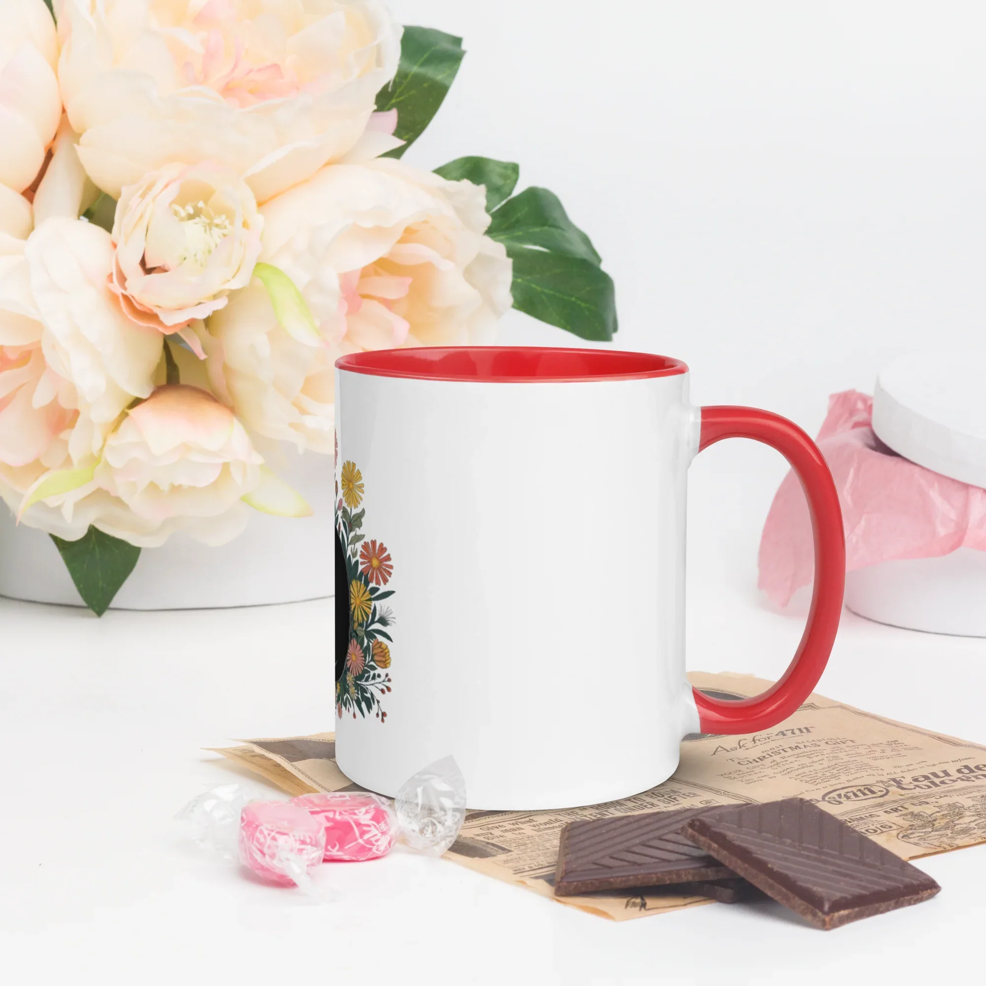 Cat Floral Arrangement Mug – White Ceramic with Color Inside - RaZits