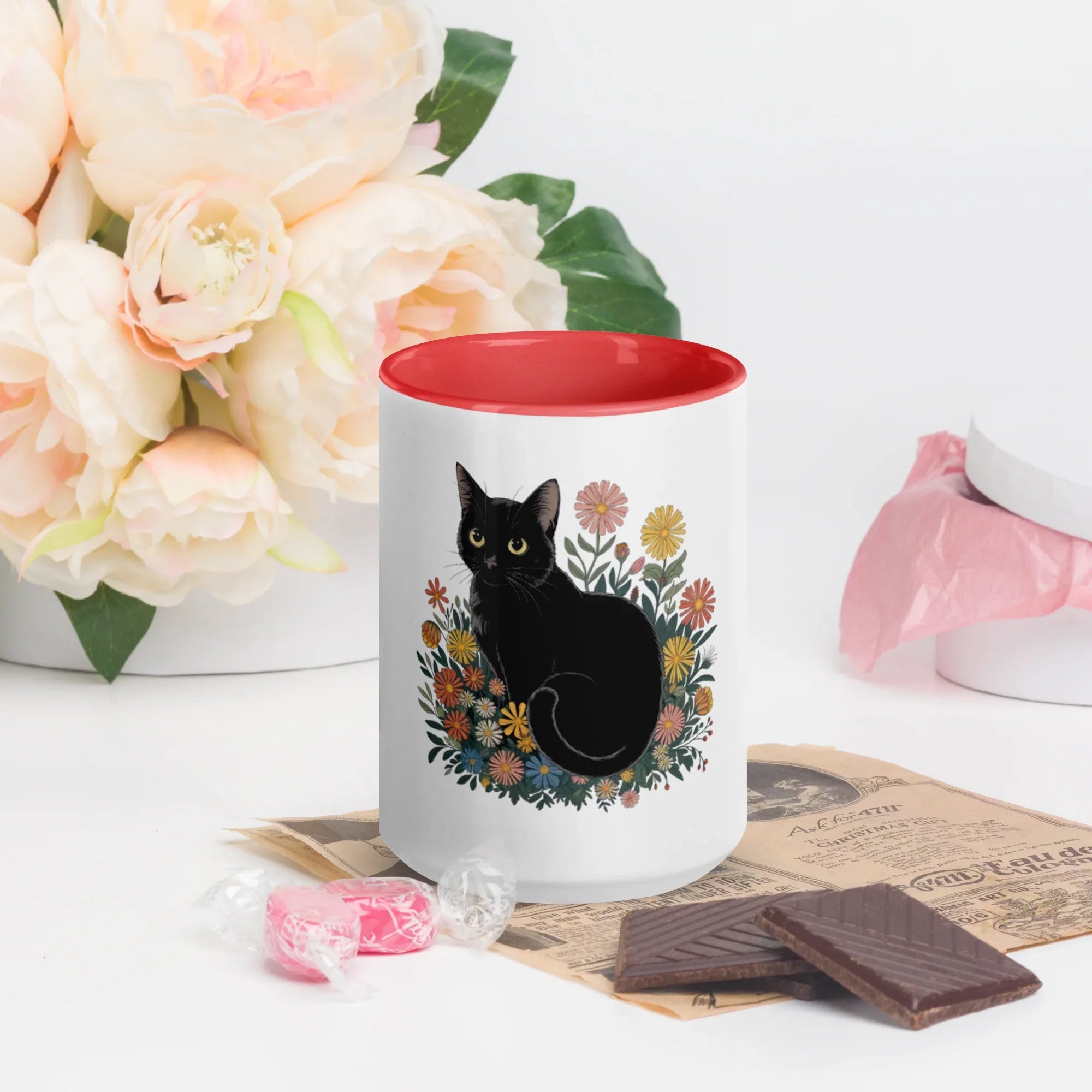 Cat Floral Arrangement Mug – White Ceramic with Color Inside - RaZits