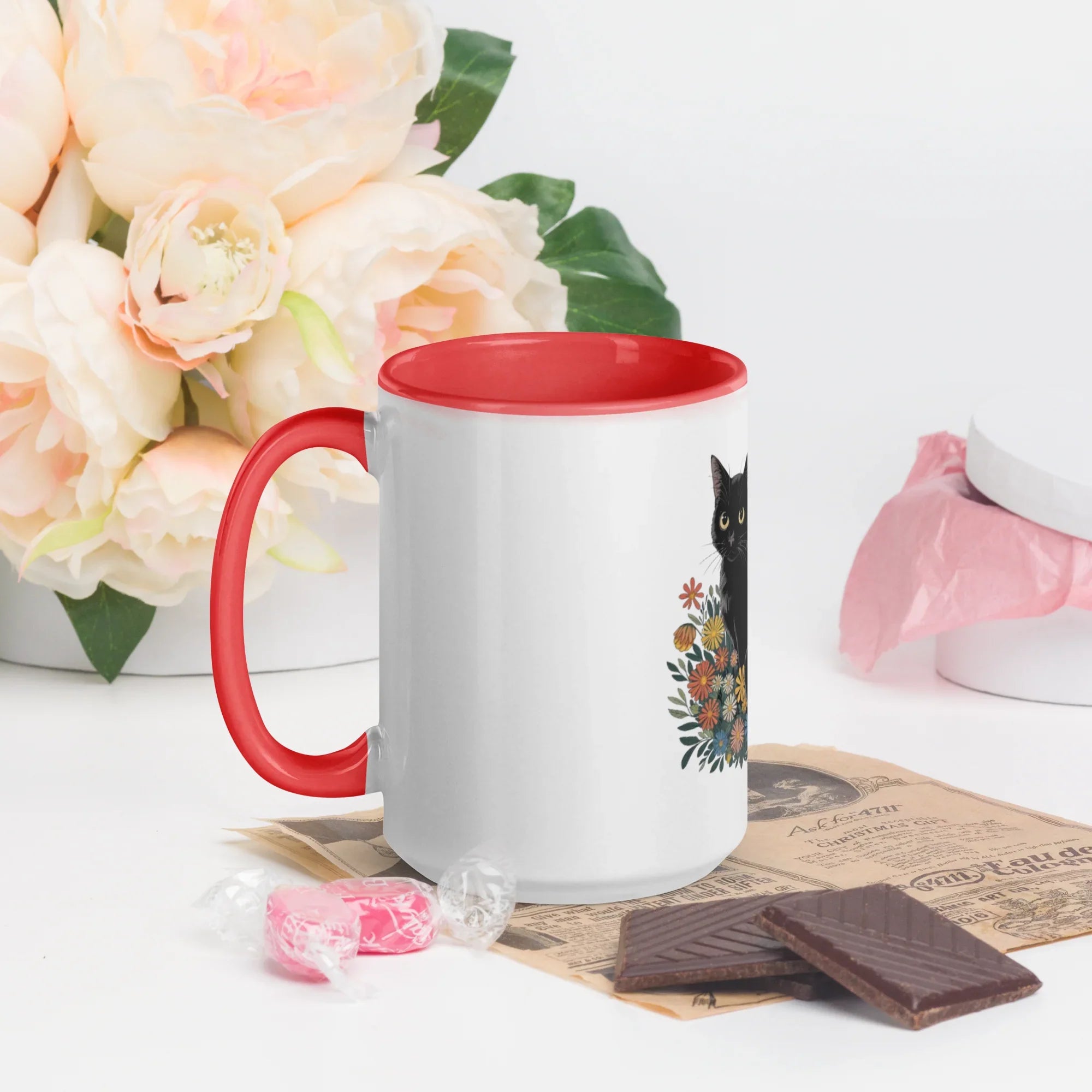 Cat Floral Arrangement Mug – White Ceramic with Color Inside - RaZits