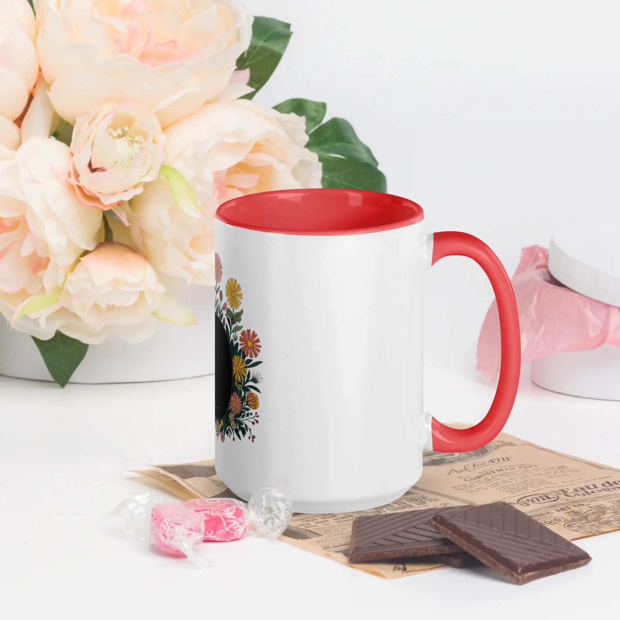 Cat Floral Arrangement Mug – White Ceramic with Color Inside - RaZits