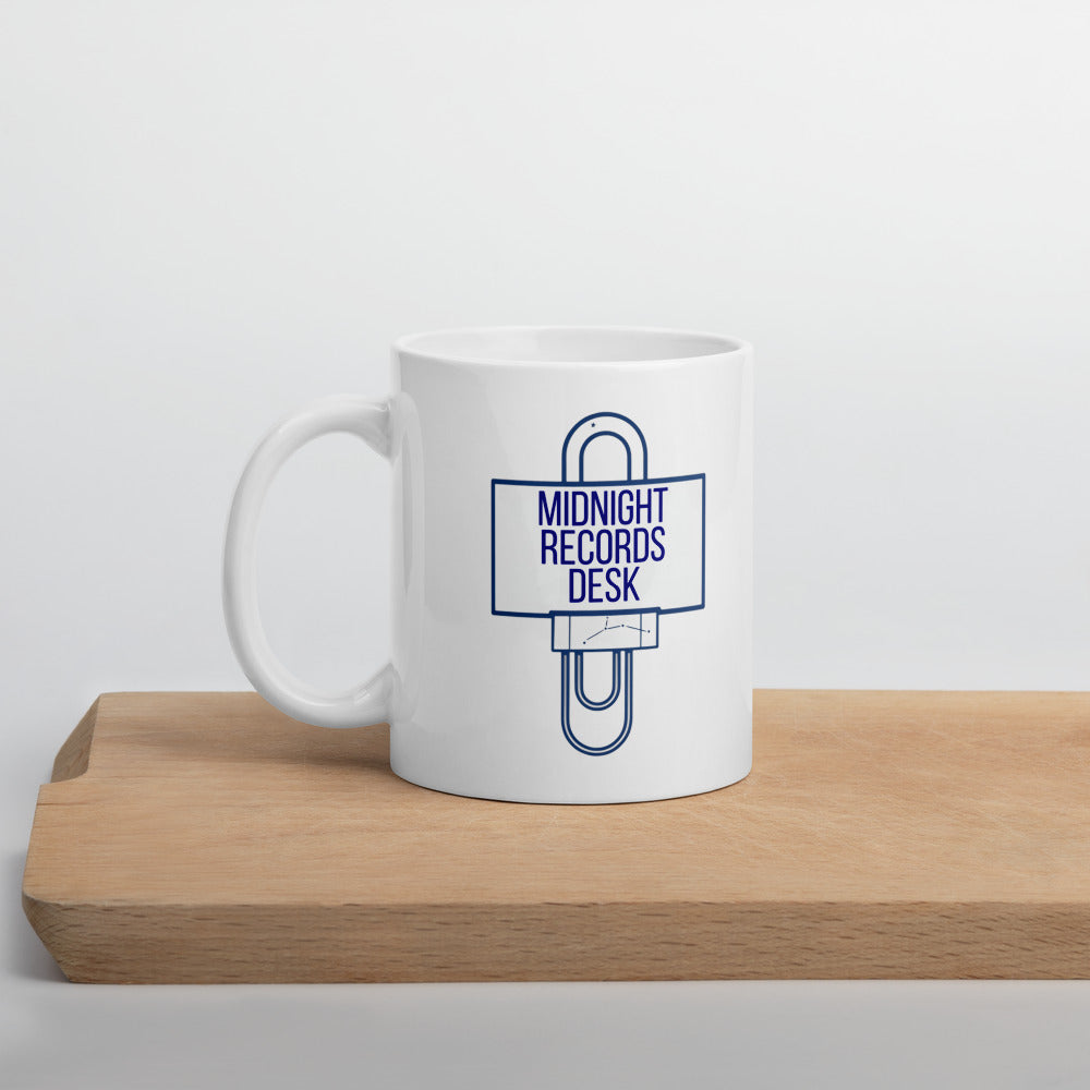 Midnight Records Desk astronomy log mug standing on a wooden board