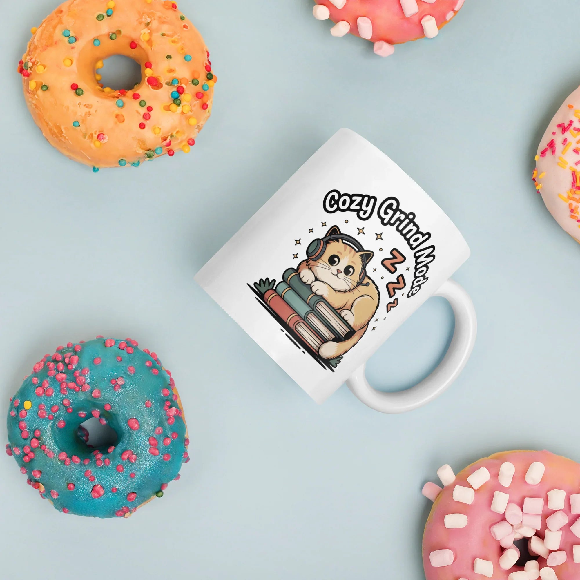 Cozy Grind Mode Cat Mug – Chill Gamer Cat with Headphones and Books - RaZits