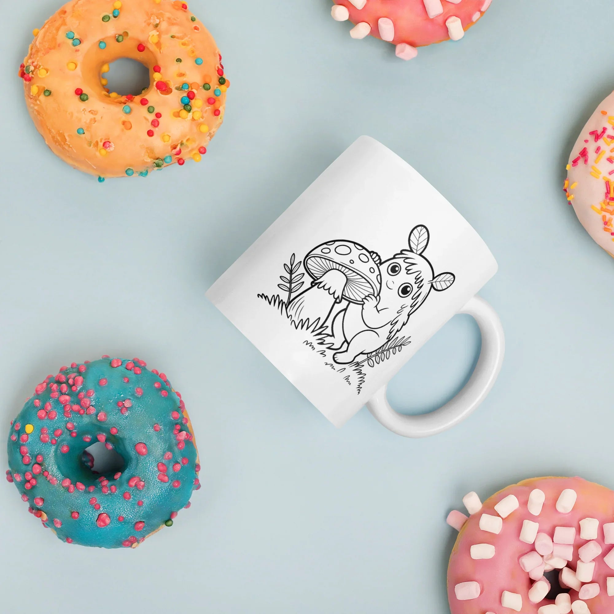 Forest Spirit & Mushroom Mug – Whimsical Woodland Creature Line Art Design - RaZits