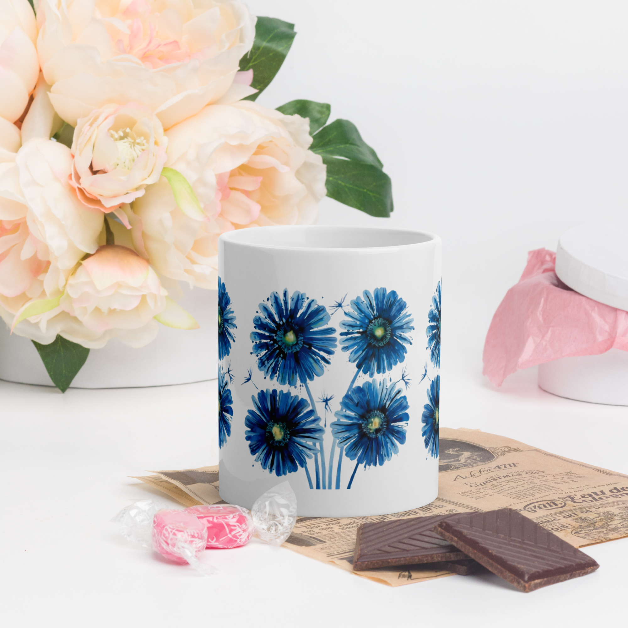 Blue Floral Mug – Beautiful Flower Cup for Morning Coffee & Afternoon Tea.