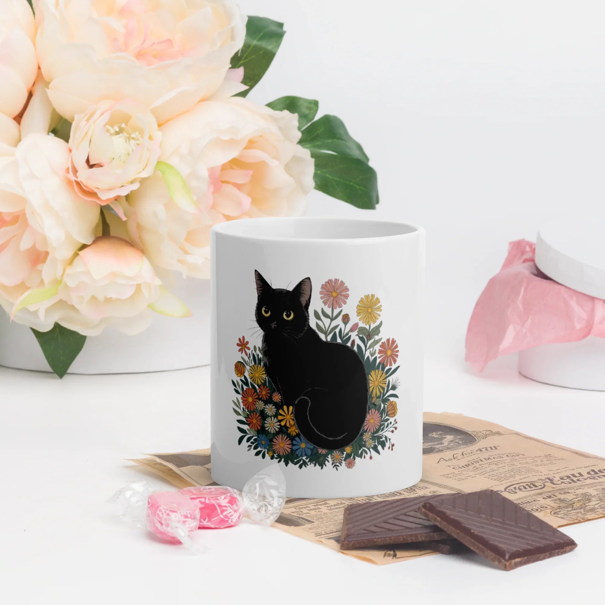 Black Cat Coffee Mug – Cute Floral Design for Cat Lovers - RaZits
