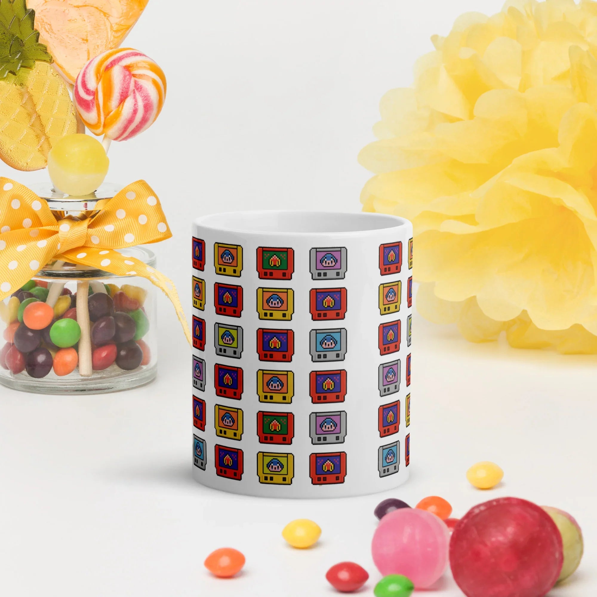 Pixel Cartridge Collection Mug – Retro Gamer Pattern with 8-Bit Nostalgia - RaZits