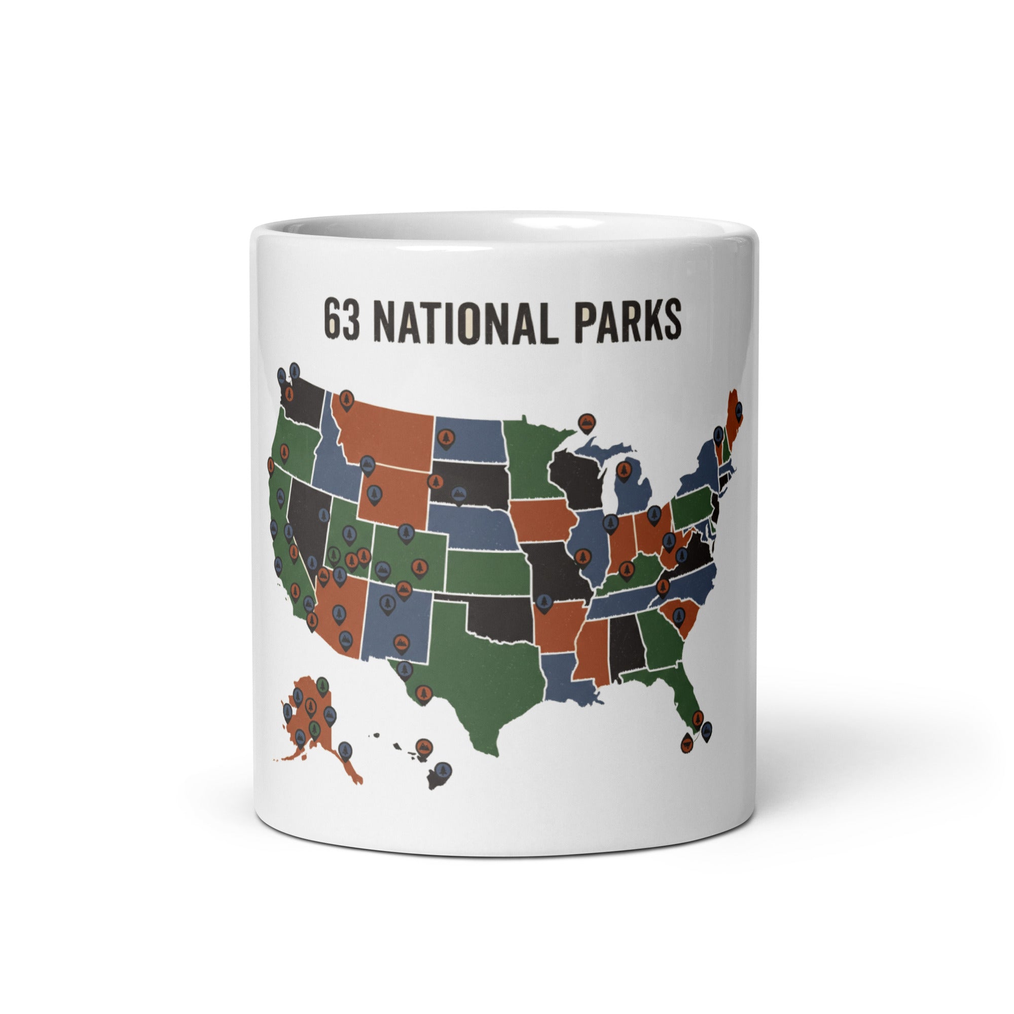11 oz white national park mug, front view: 63 NATIONAL PARKS headline above a four-color US map with pins