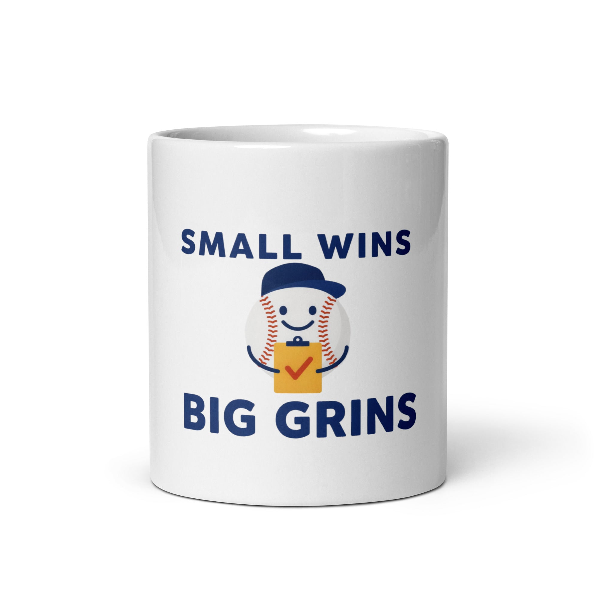 White 11 oz baseball coach mug, front view, with Small Wins, Big Grins lettering and a smiling baseball holding a yellow clipboard.