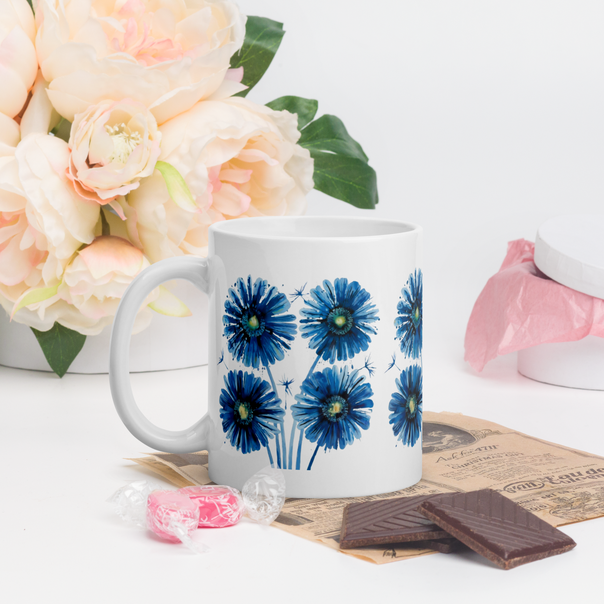 Blue Floral Mug – Beautiful Flower Cup for Morning Coffee & Afternoon Tea.