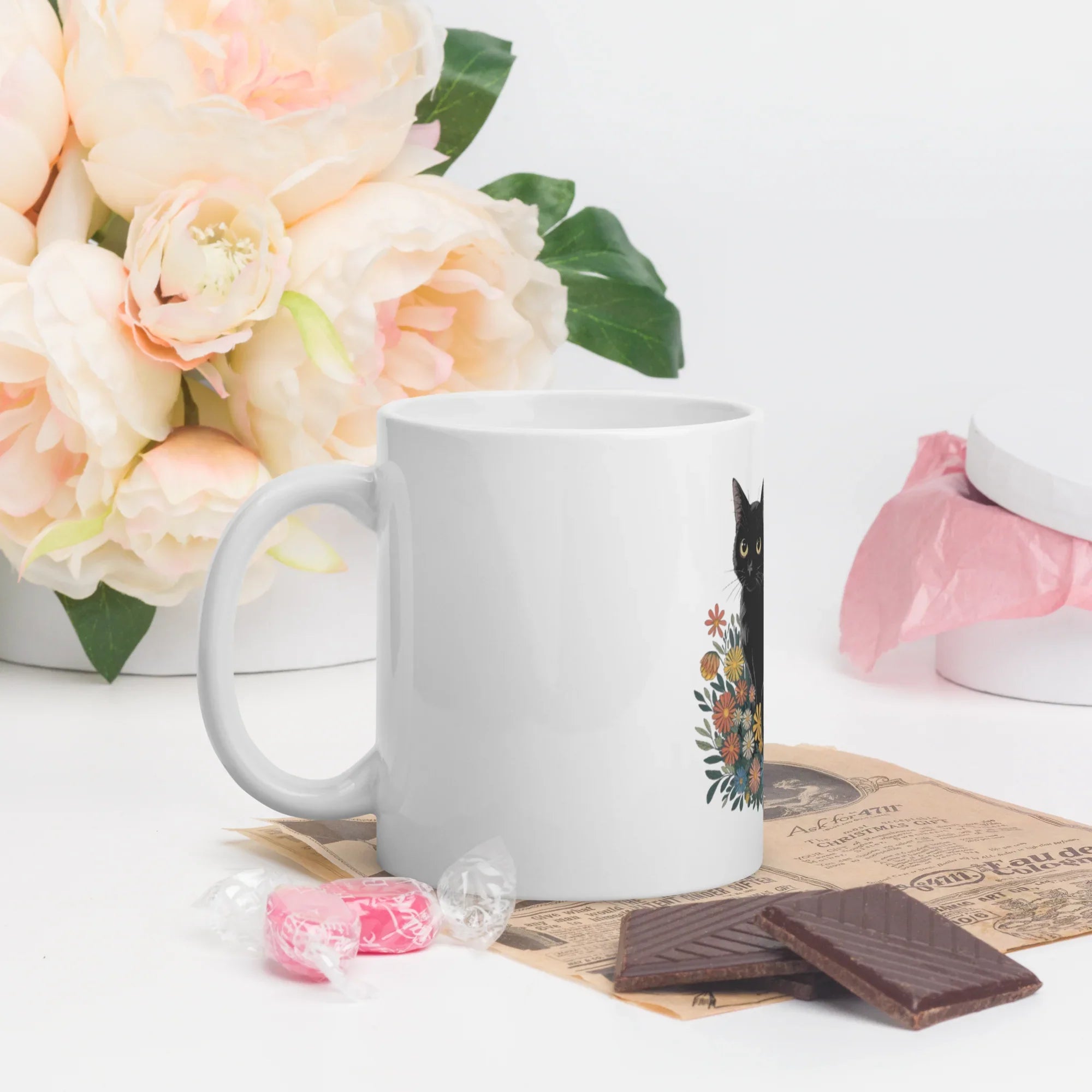 Black Cat Coffee Mug – Cute Floral Design for Cat Lovers - RaZits