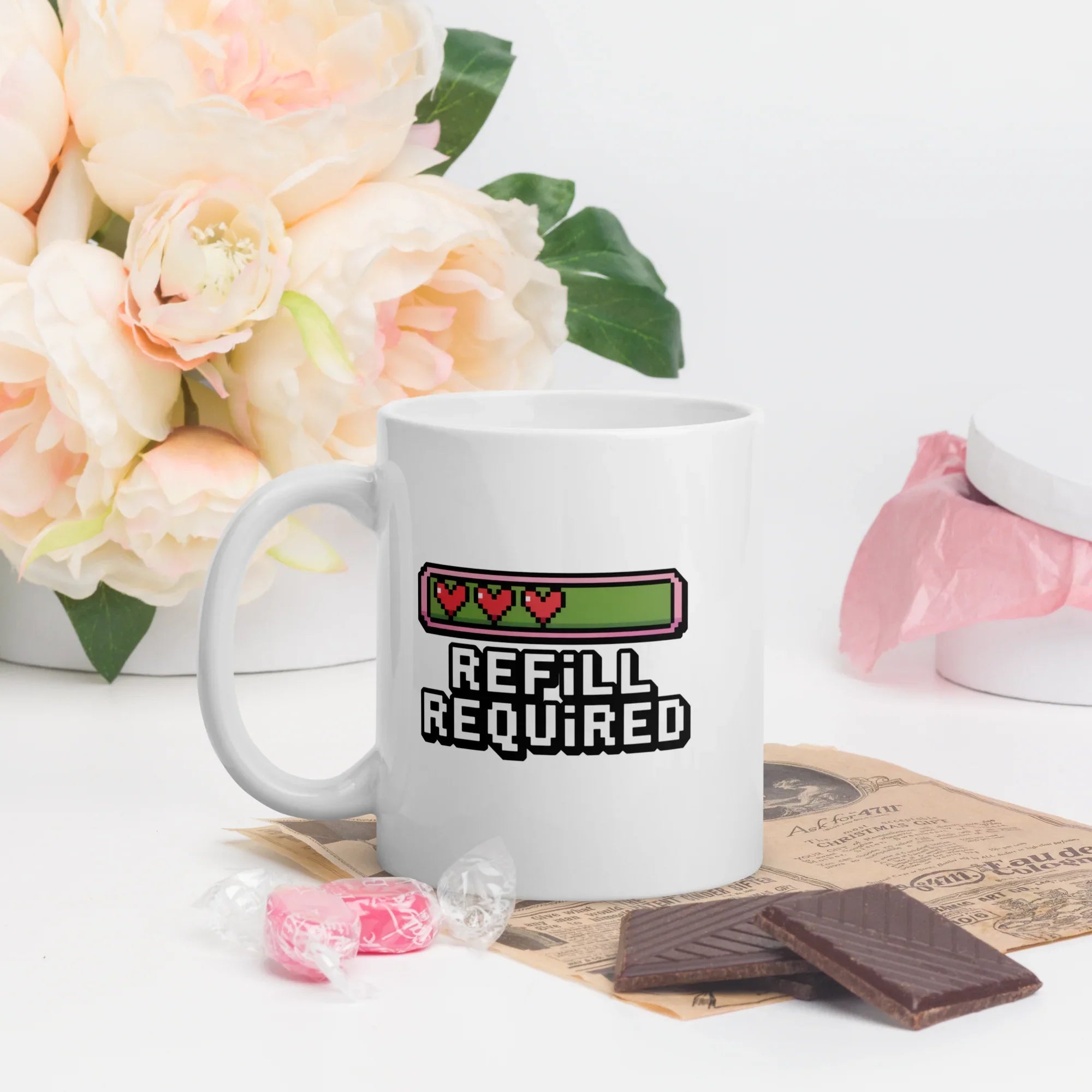 Refill Required Pixel Heart Design – Retro Gaming Energy Bar Mug - RaZits