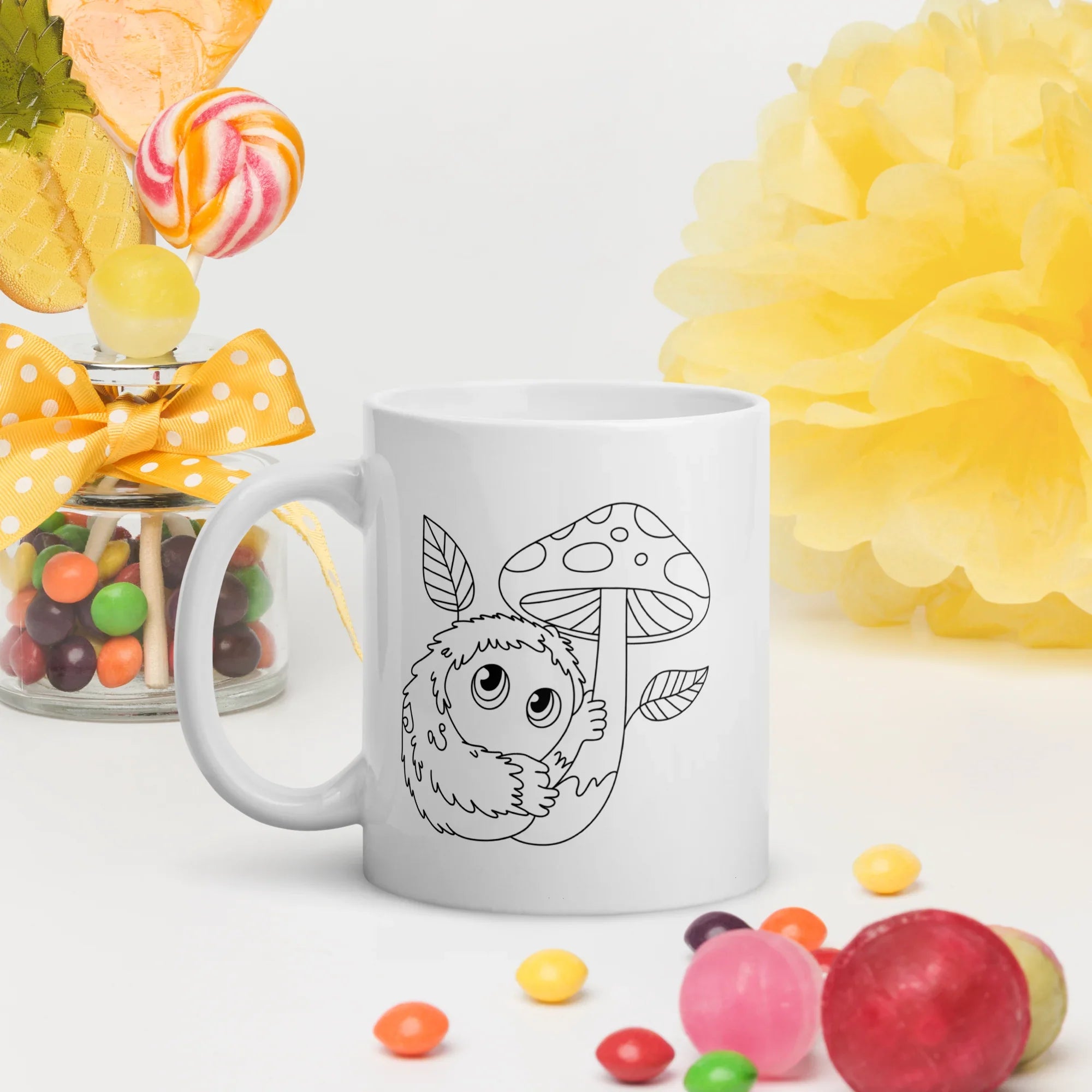 Forest Familiar Mug – Whimsical Mushroom Creature Line Art for Cozy Fantasy Gamers - RaZits