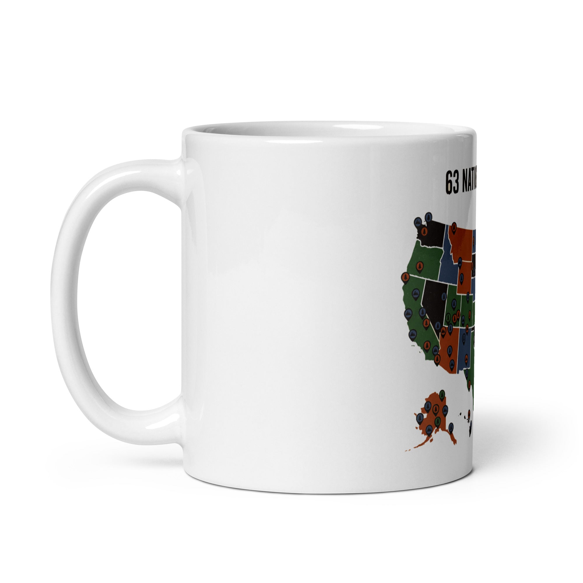 11 oz white national park mug, handle on the left, part of the headline and pin-marked map showing