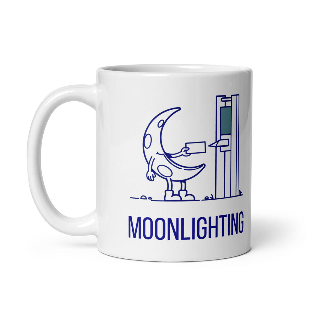 11 oz moonlighting mug, handle on the left, showing the same crescent moon time clock design printed on the other side
