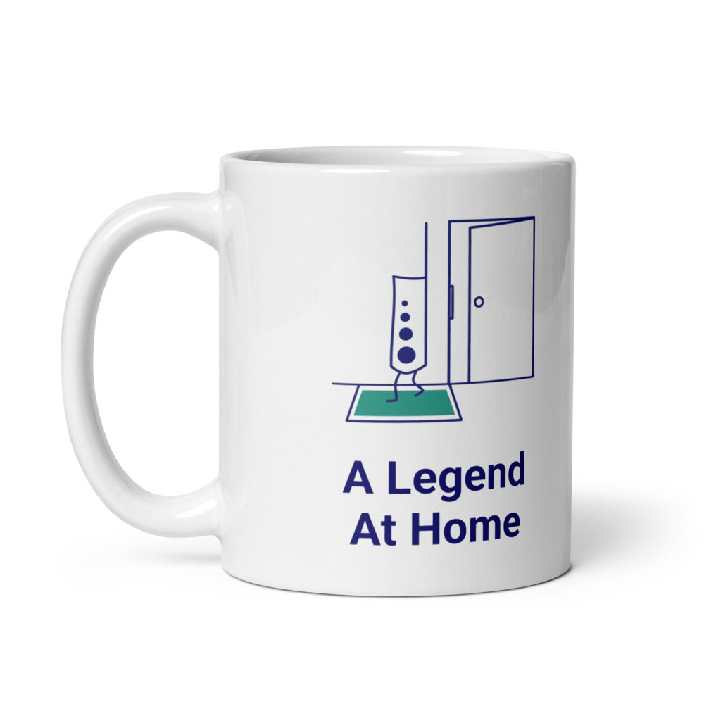 11 oz star atlas mug, handle on the left, showing the same doorway scene and navy lettering printed on the other side