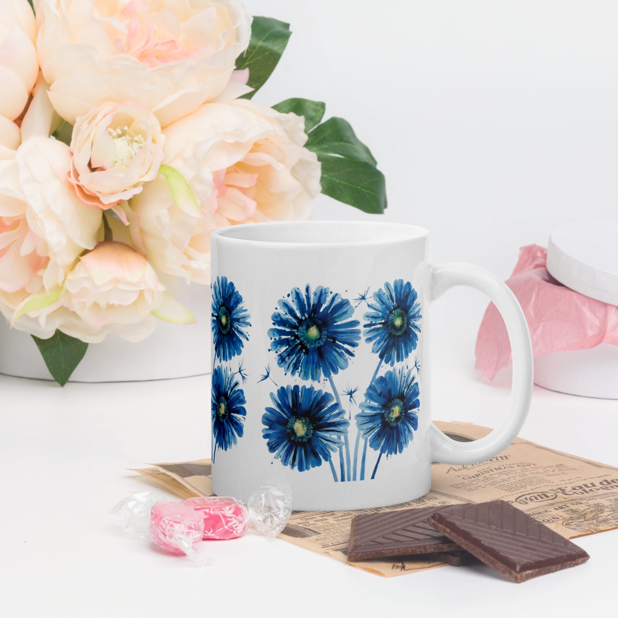 Blue Floral Mug – Beautiful Flower Cup for Morning Coffee & Afternoon Tea.