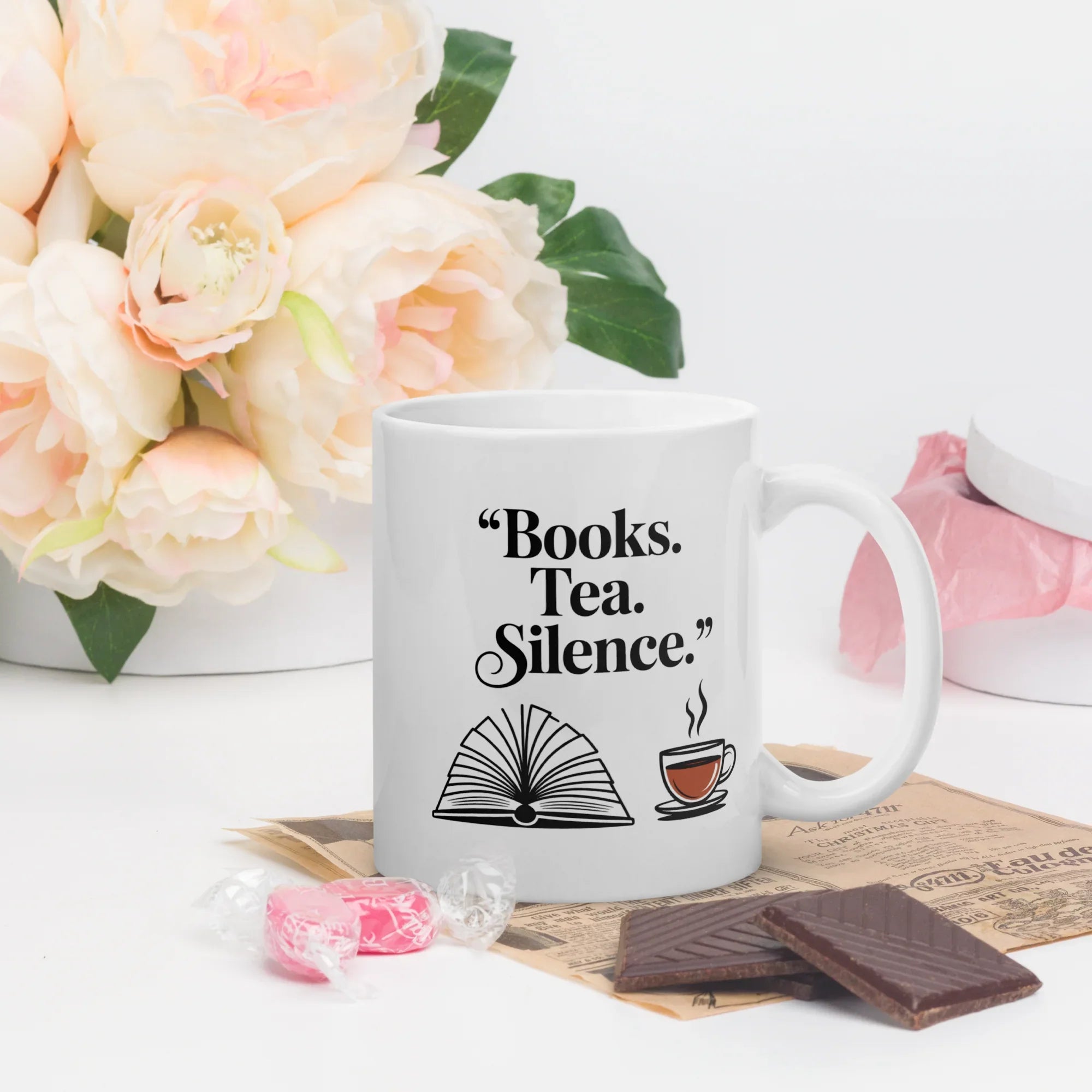 Books Tea Silence Mug – Minimalist Bookish Cup - RaZits