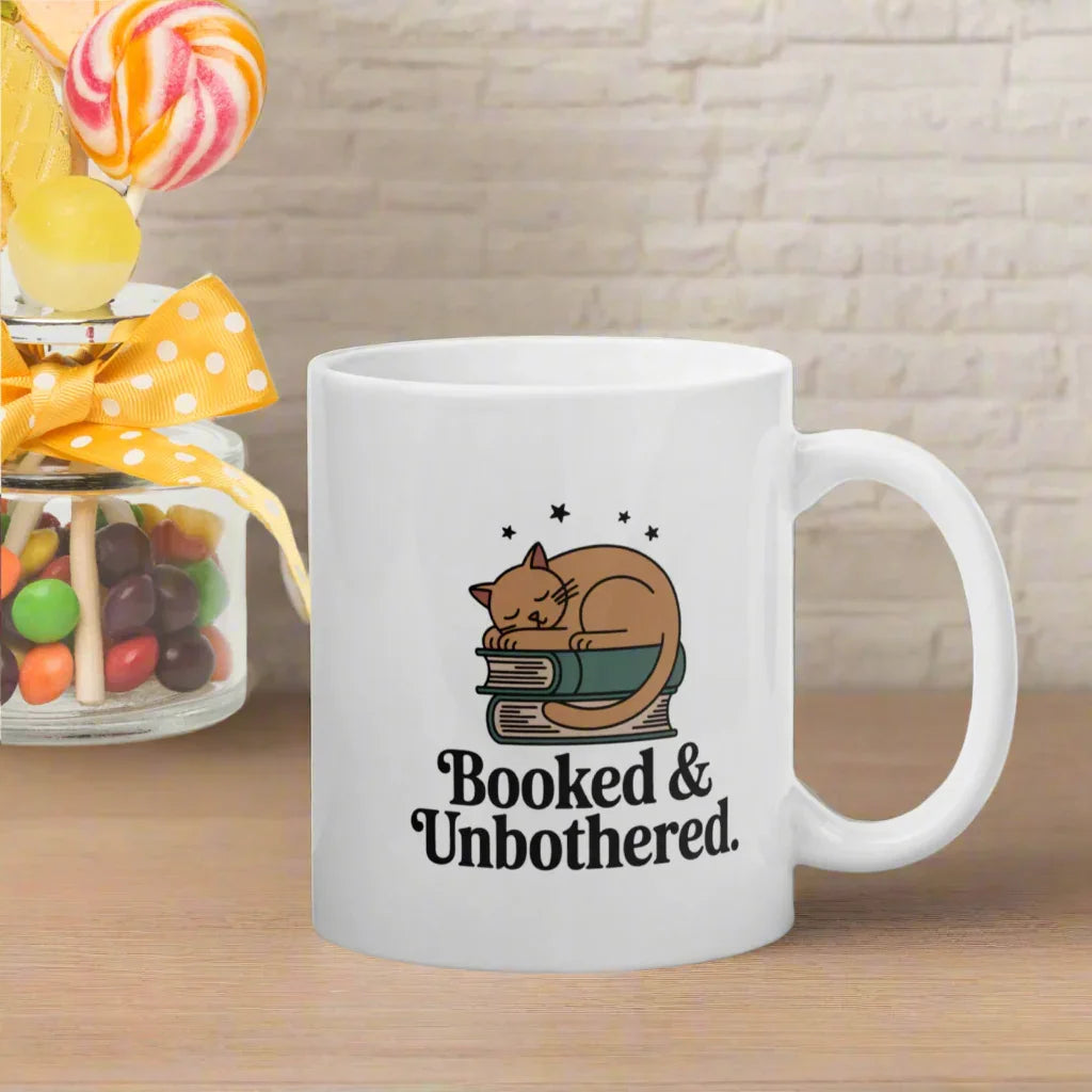 Booked & Unbothered Mug – Cozy Cat Reader Cup - RaZits